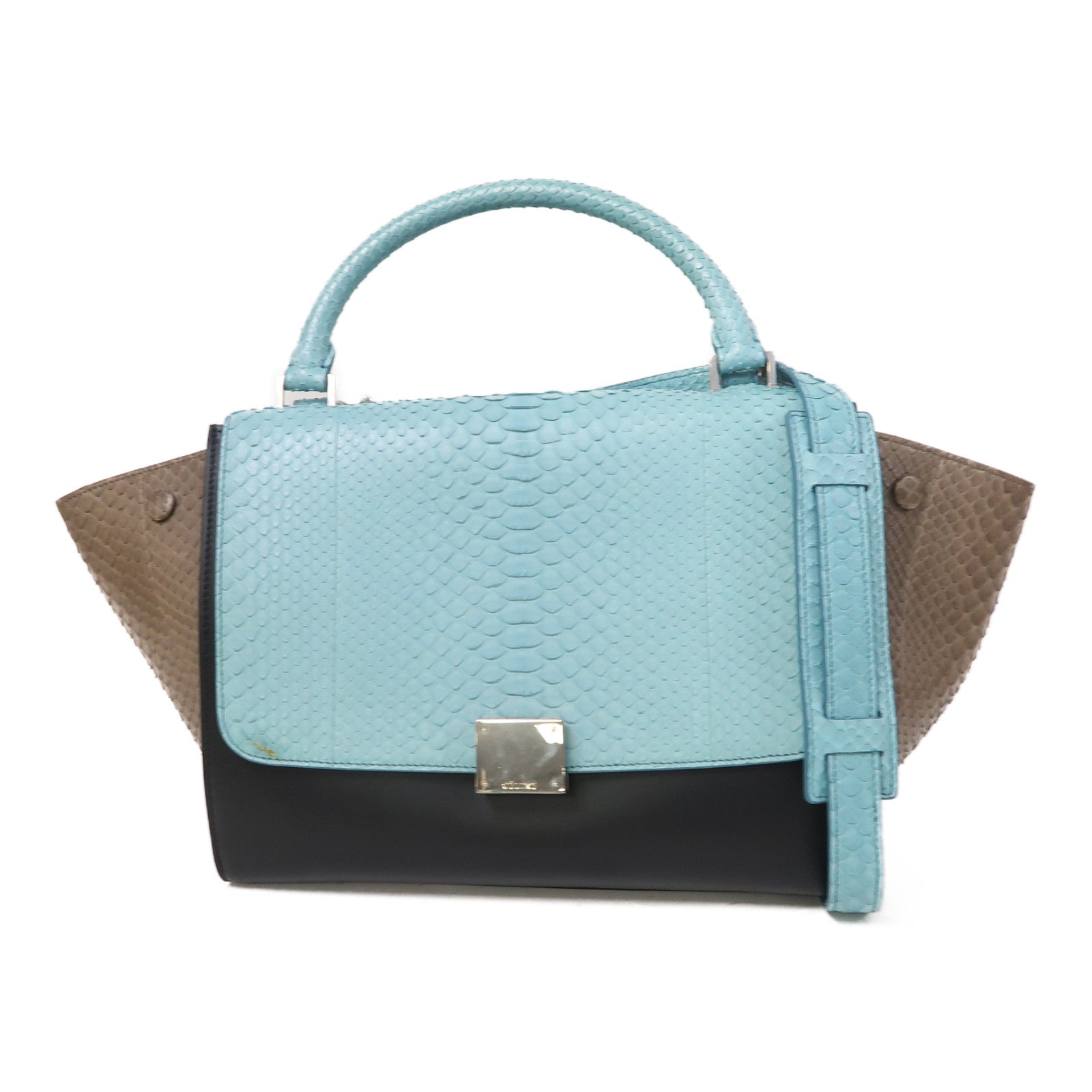 CELINE 蛇皮皮革Trapeze銀扣手挽肩背兩用袋藍色