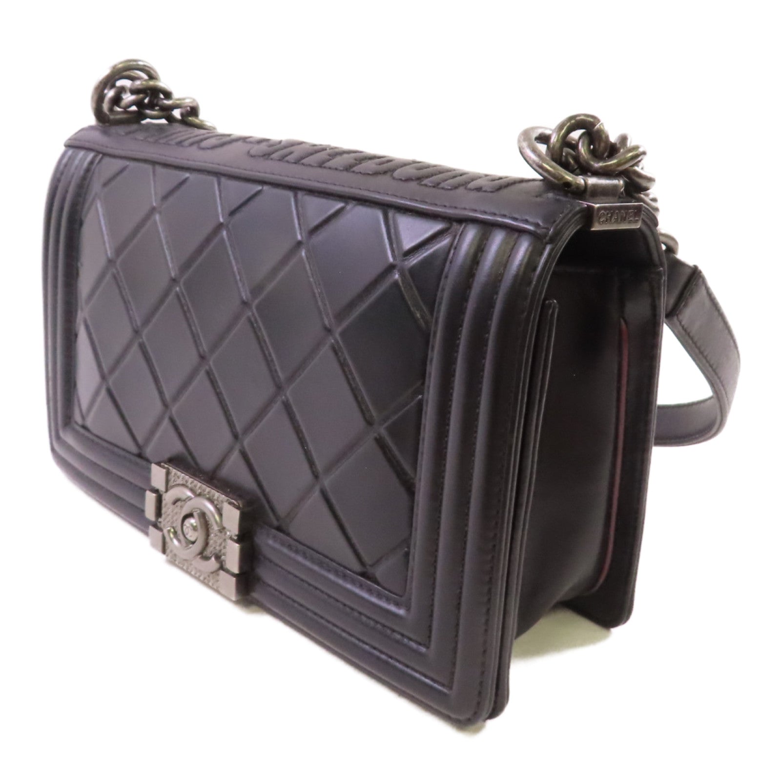 CHANEL 菱格牛皮皮革Boy Chanel 25cm Chain Shoulder Bag銀扣鏈帶肩背袋黑色