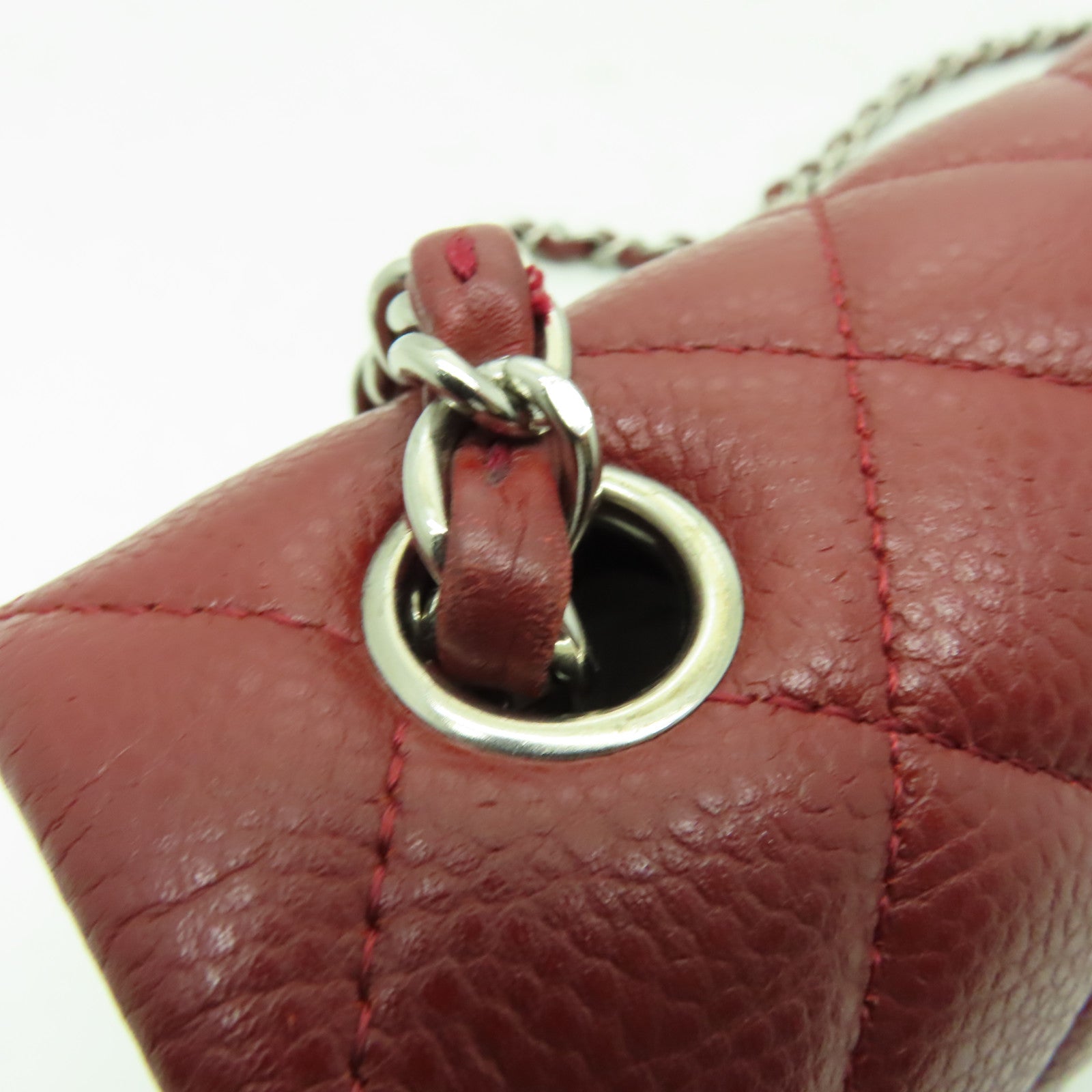 CHANEL **【清倉大減價】菱格Caviar皮革Classic Flap 20cm銀扣鏈帶肩背袋深紅色