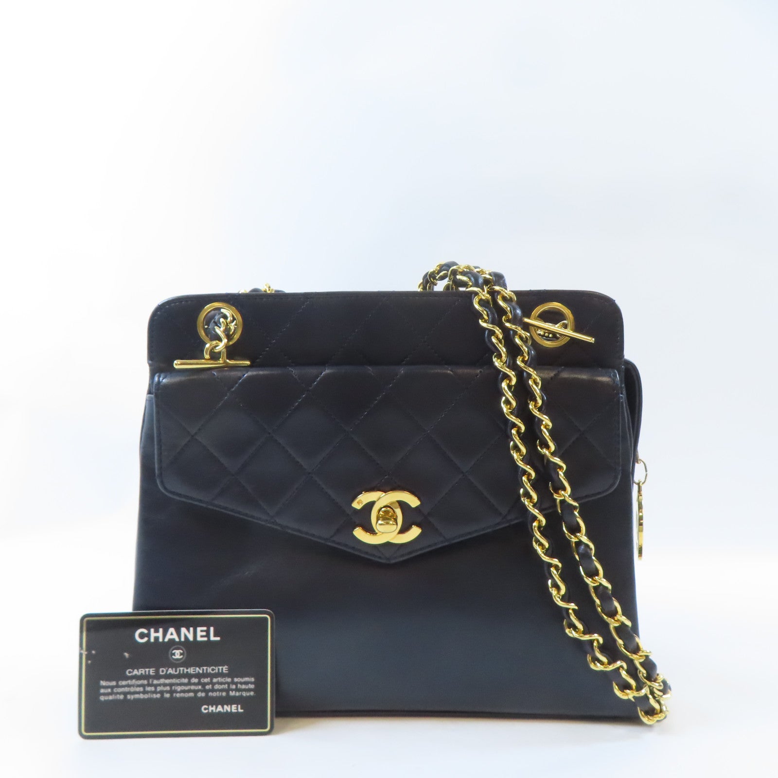 CHANEL 羊皮皮革Vintage Chain Shoulder金扣鏈帶肩背袋深藍色