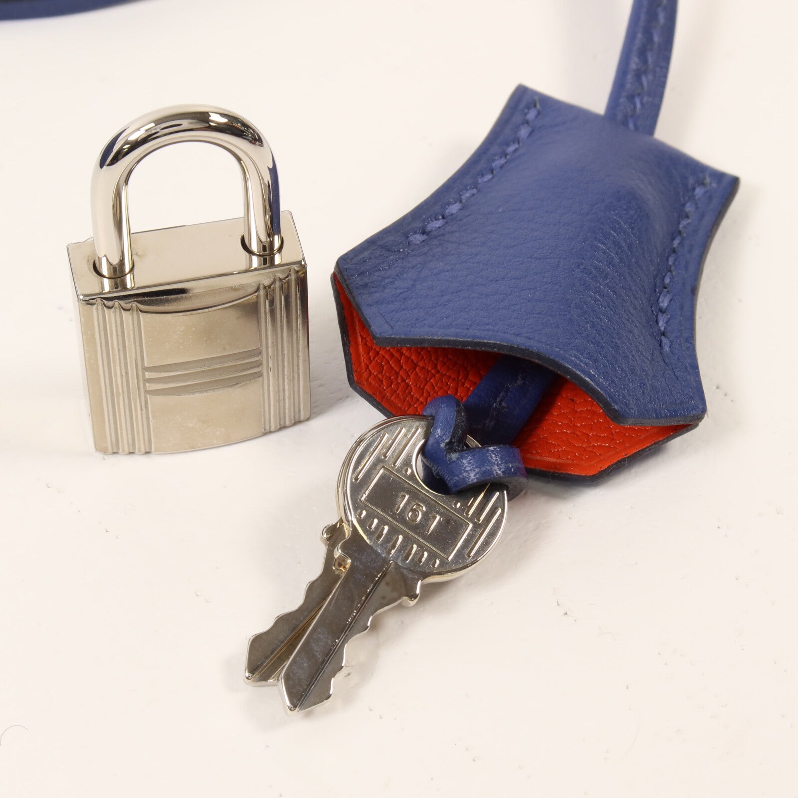 HERMES Evercolor皮革Kelly 28手挽肩背兩用袋Bleu Brighton/Orange Poppy