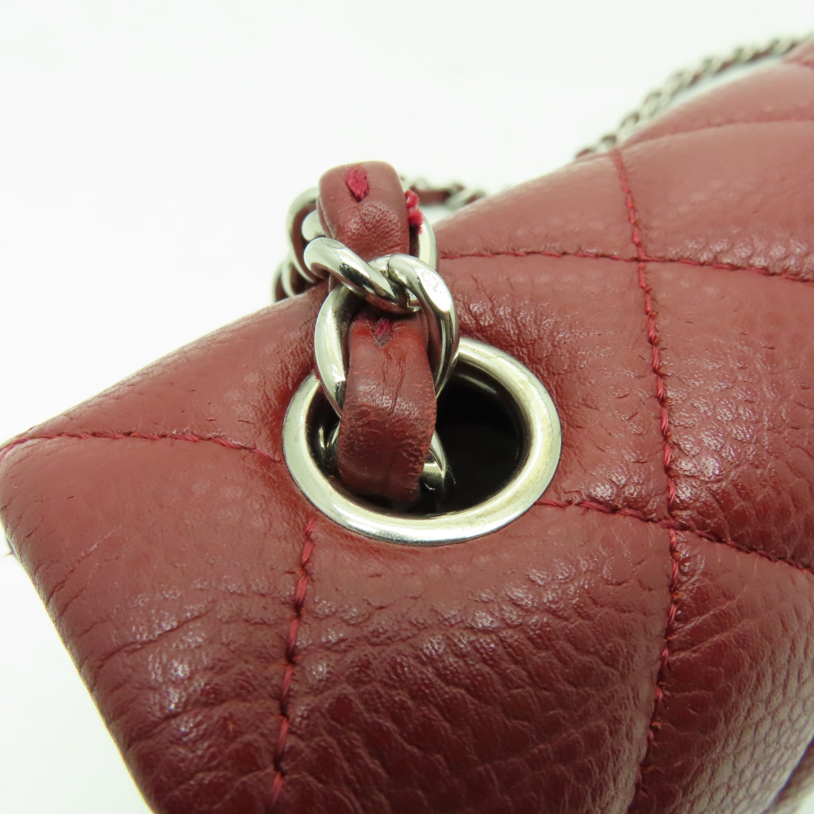 CHANEL **【清倉大減價】菱格Caviar皮革Classic Flap 20cm銀扣鏈帶肩背袋深紅色