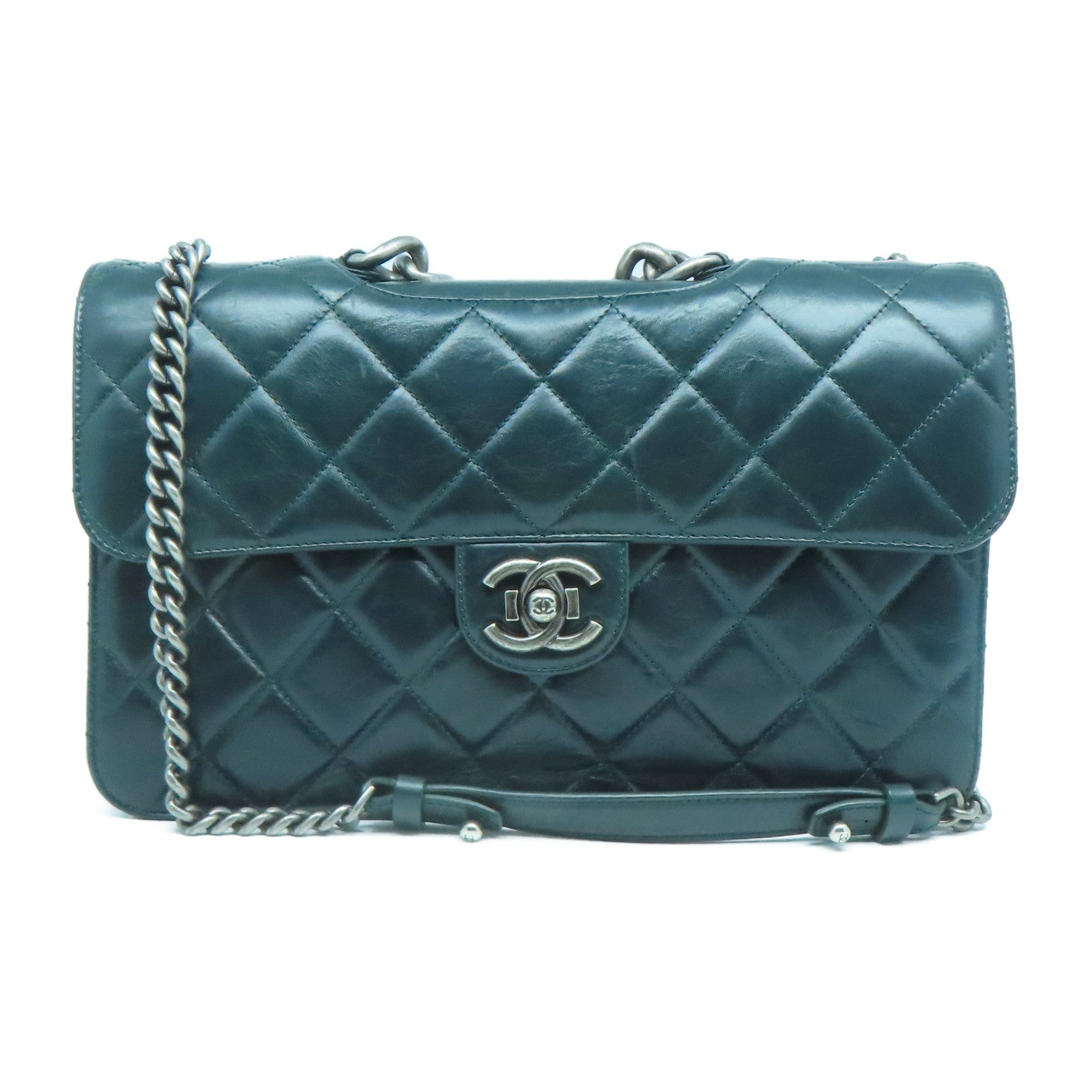 CHANEL 【激減優惠】牛皮皮革Chain Shoulder銀扣鏈帶肩背袋綠色