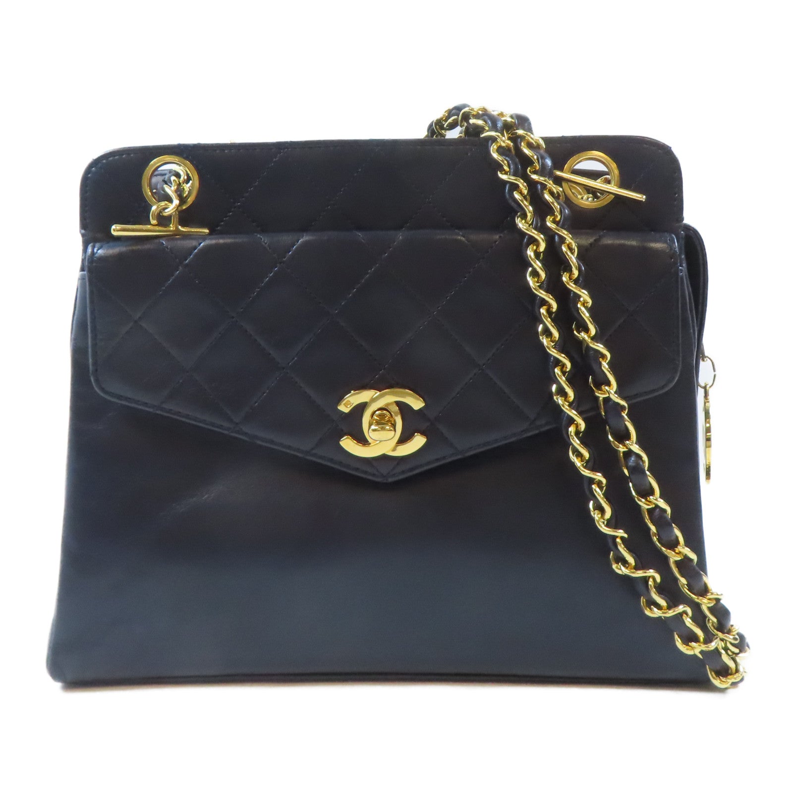 CHANEL 羊皮皮革Vintage Chain Shoulder金扣鏈帶肩背袋深藍色