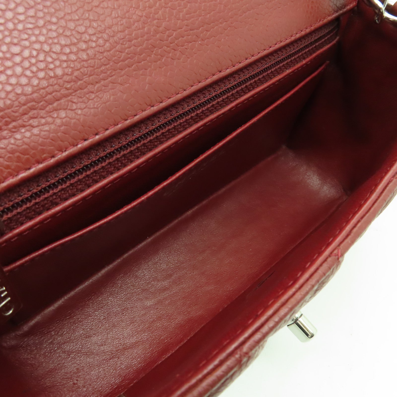 CHANEL **【清倉大減價】菱格Caviar皮革Classic Flap 20cm銀扣鏈帶肩背袋深紅色