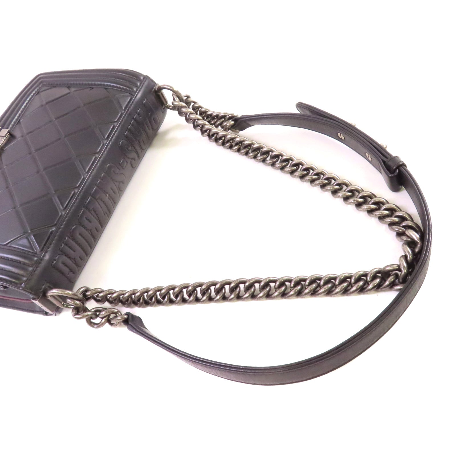 CHANEL 菱格牛皮皮革Boy Chanel 25cm Chain Shoulder Bag銀扣鏈帶肩背袋黑色