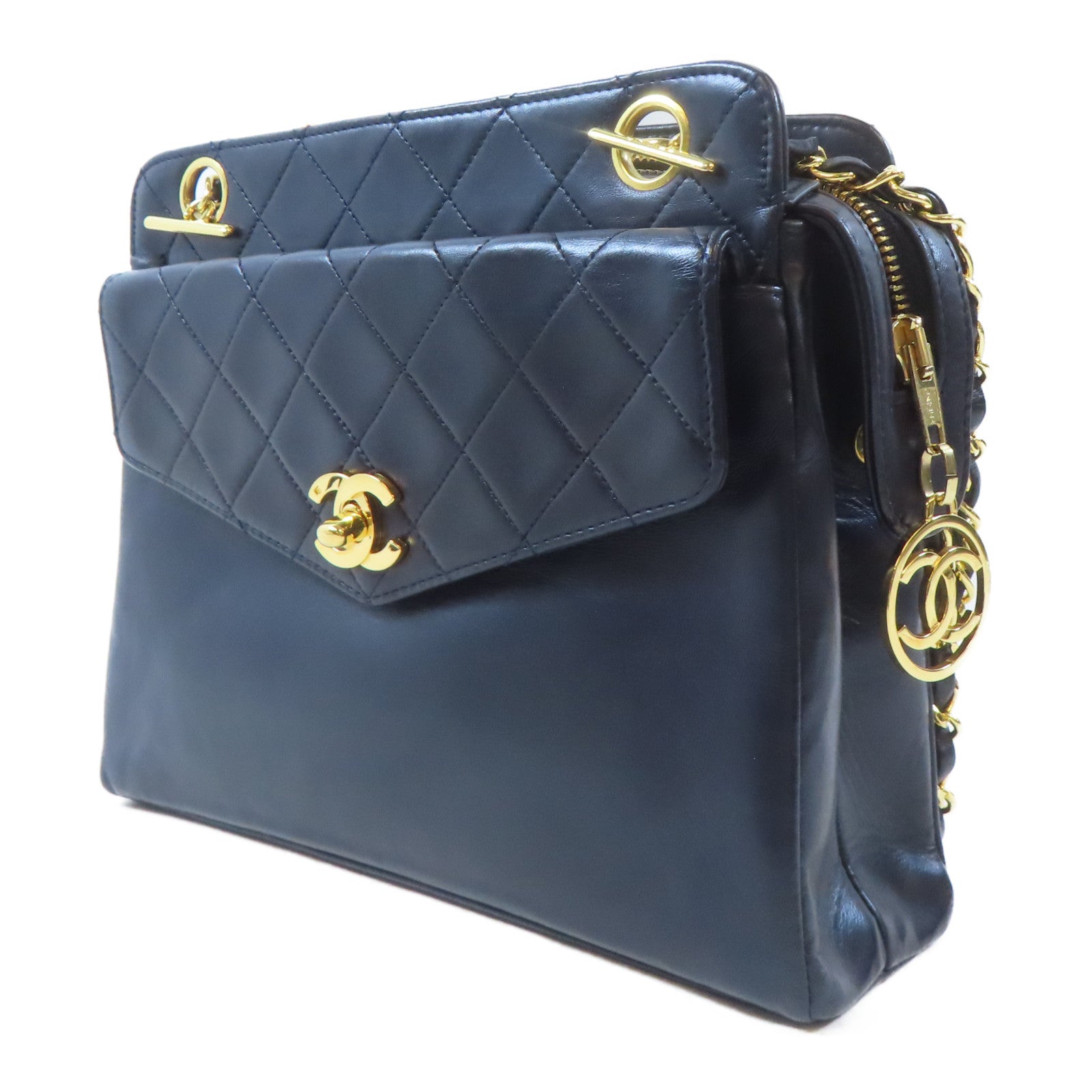 CHANEL 羊皮皮革Vintage Chain Shoulder金扣鏈帶肩背袋深藍色