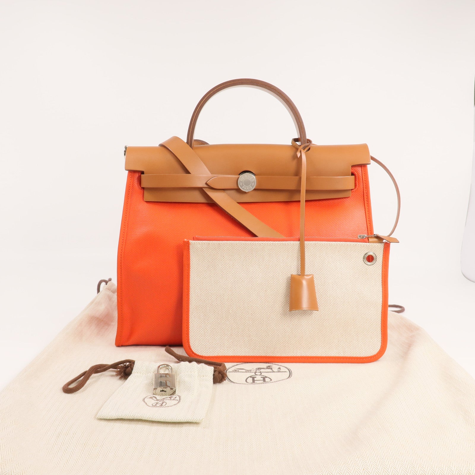 HERMES 塗層帆布Herbag PM銀扣手挽肩背兩用袋Orange