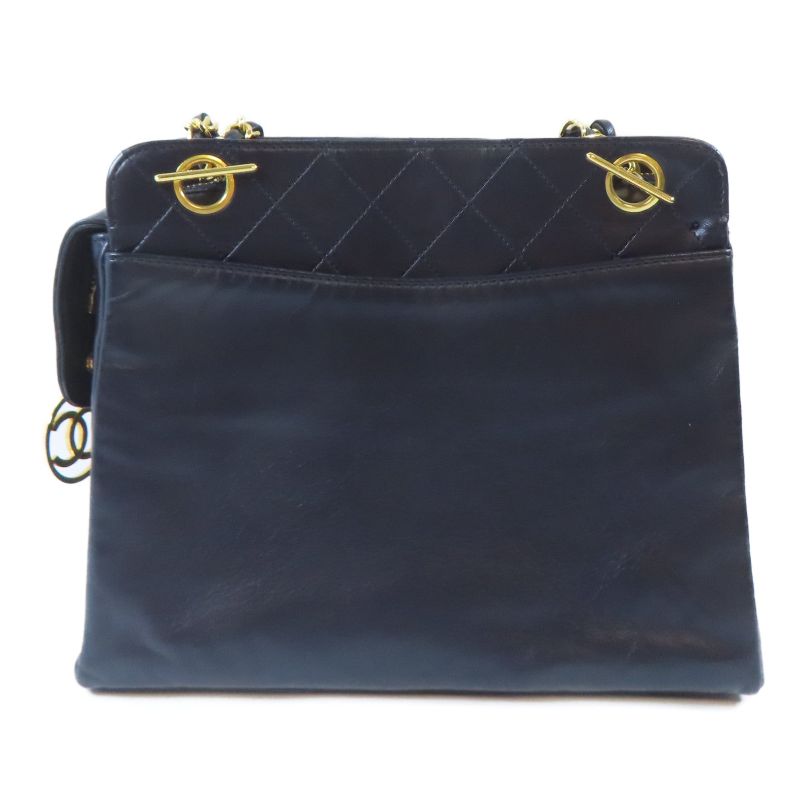 CHANEL 羊皮皮革Vintage Chain Shoulder金扣鏈帶肩背袋深藍色