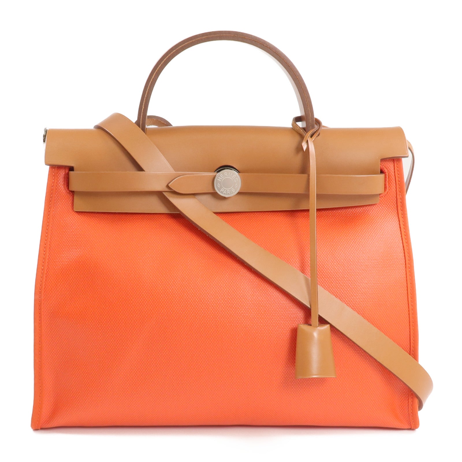 HERMES 塗層帆布Herbag PM銀扣手挽肩背兩用袋Orange