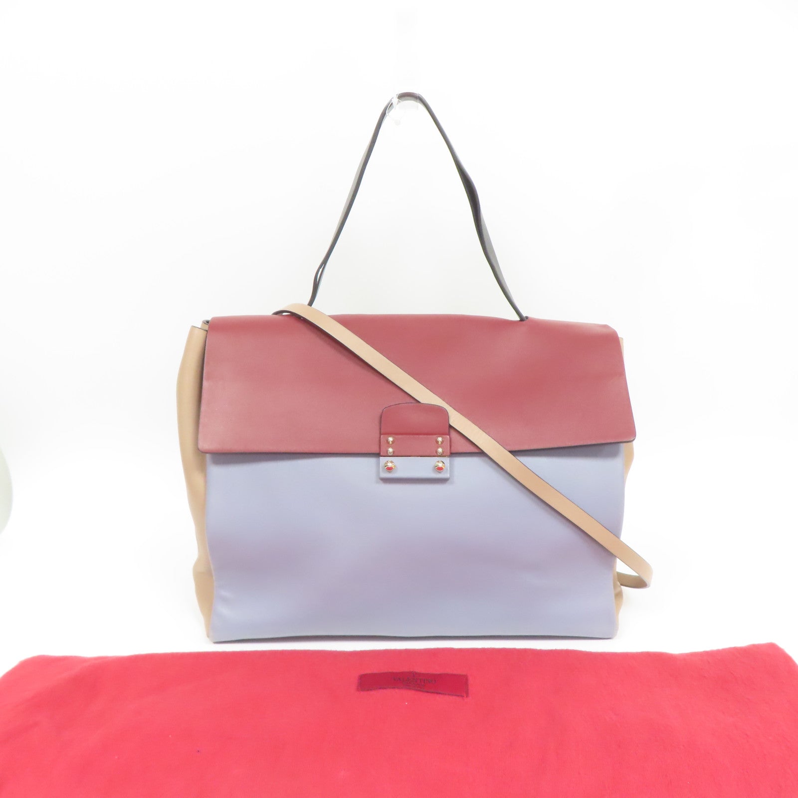 Valentino 【激減優惠】牛皮皮革2 Way Shoulder銀扣手挽肩背兩用袋紅色/杏色/淺藍色
