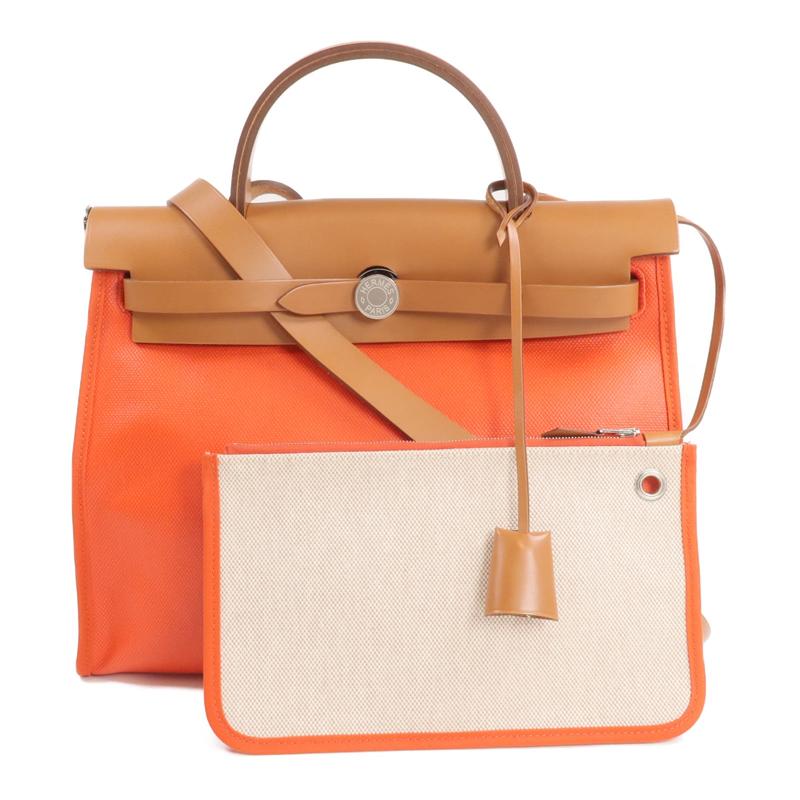HERMES 塗層帆布Herbag PM銀扣手挽肩背兩用袋Orange