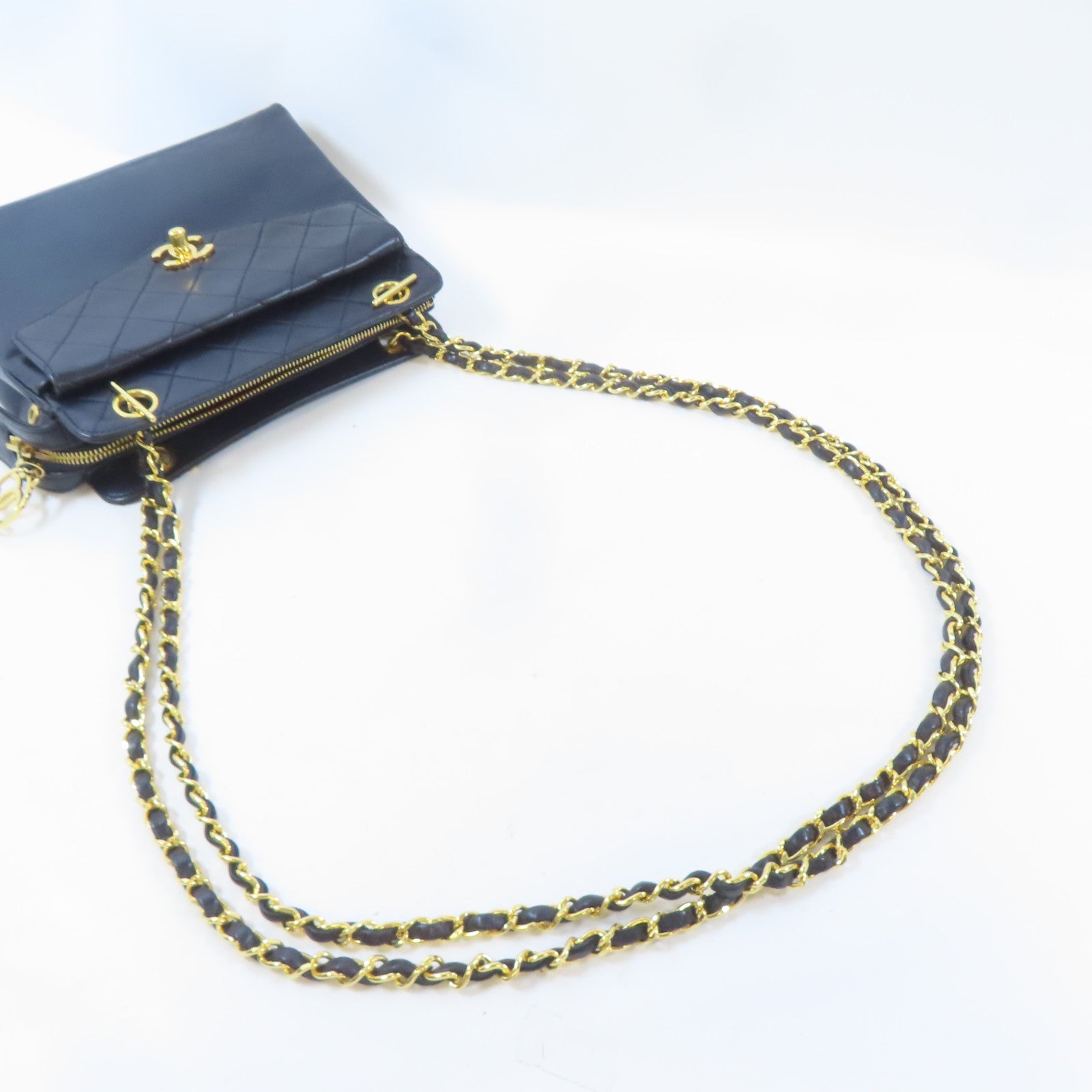 CHANEL 羊皮皮革Vintage Chain Shoulder金扣鏈帶肩背袋深藍色