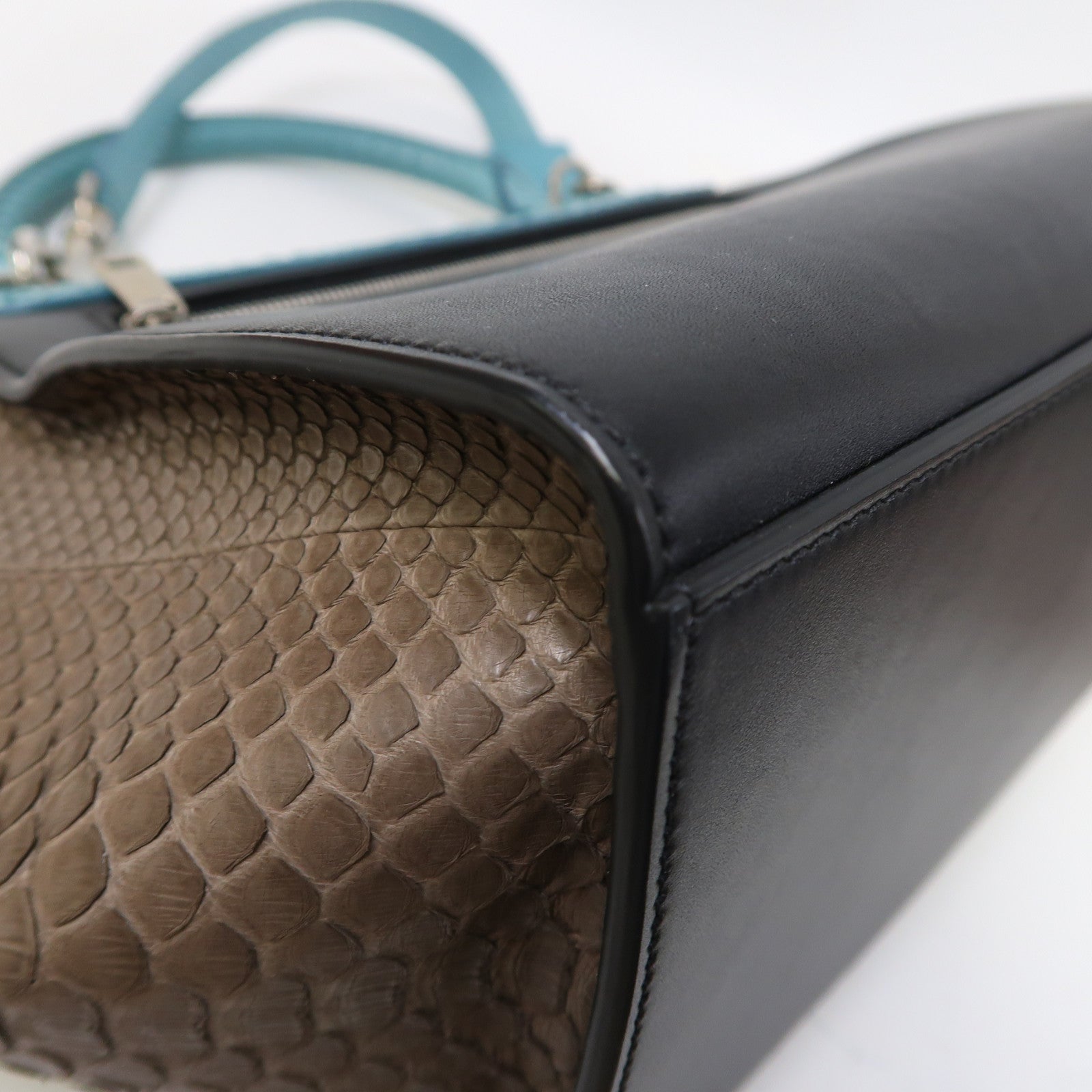 CELINE 蛇皮皮革Trapeze銀扣手挽肩背兩用袋藍色