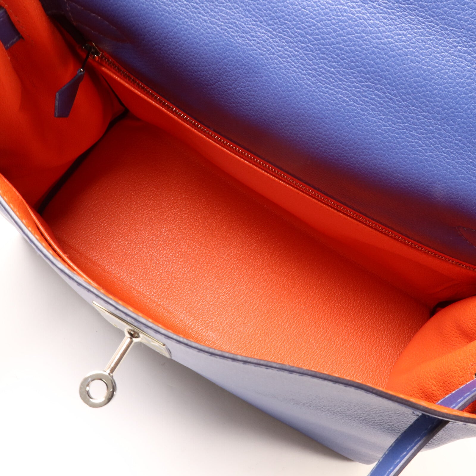 HERMES Evercolor皮革Kelly 28手挽肩背兩用袋Bleu Brighton/Orange Poppy