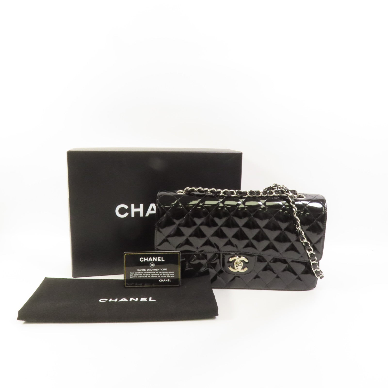 CHANEL 漆皮皮革Classic 25銀扣鏈帶肩背袋