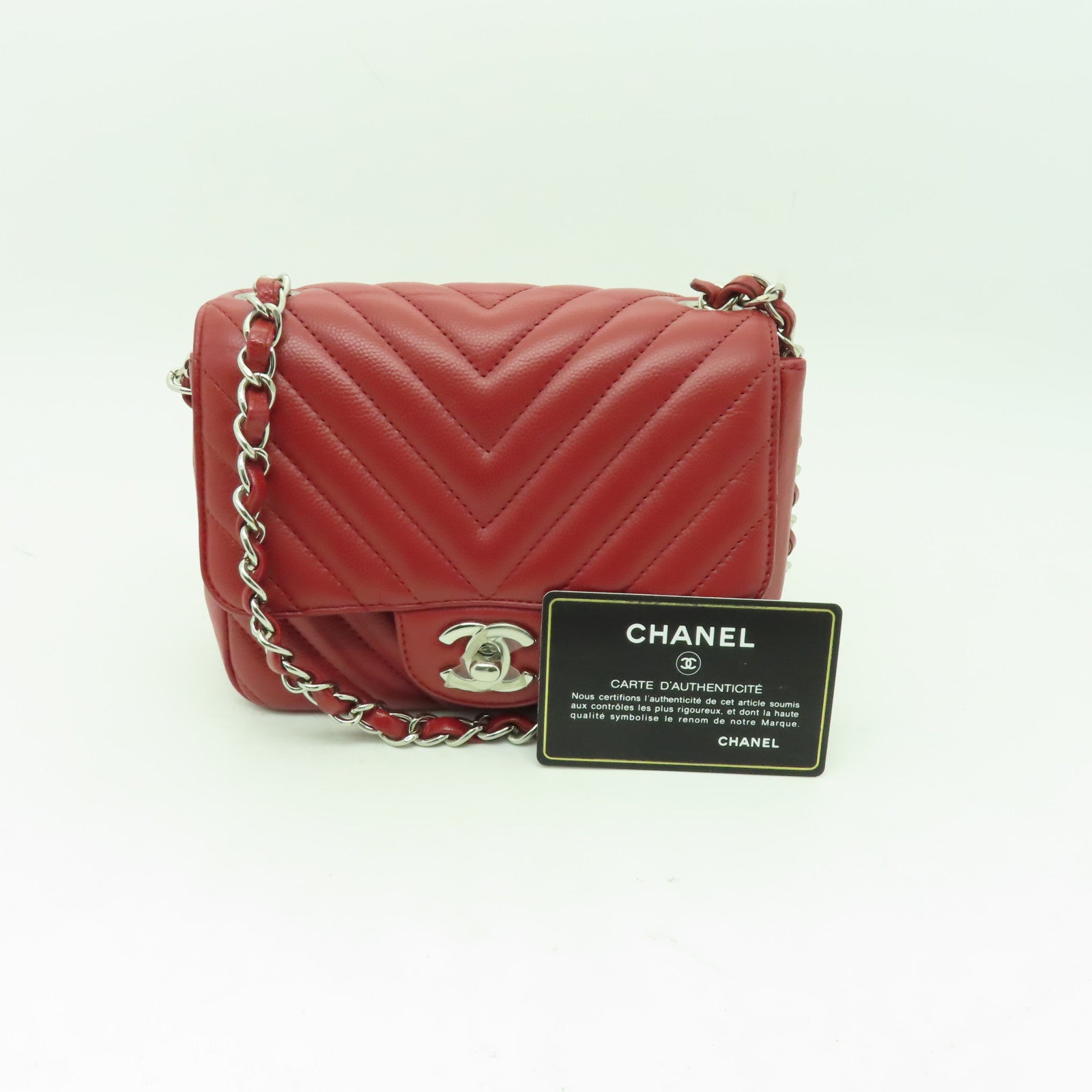 CHANEL 【激減優惠】斜紋Caviar皮革Classic Flap 17cm銀扣鏈帶肩背袋紅色