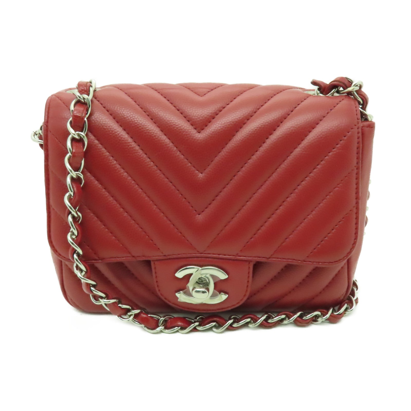 CHANEL 【激減優惠】斜紋Caviar皮革Classic Flap 17cm銀扣鏈帶肩背袋紅色