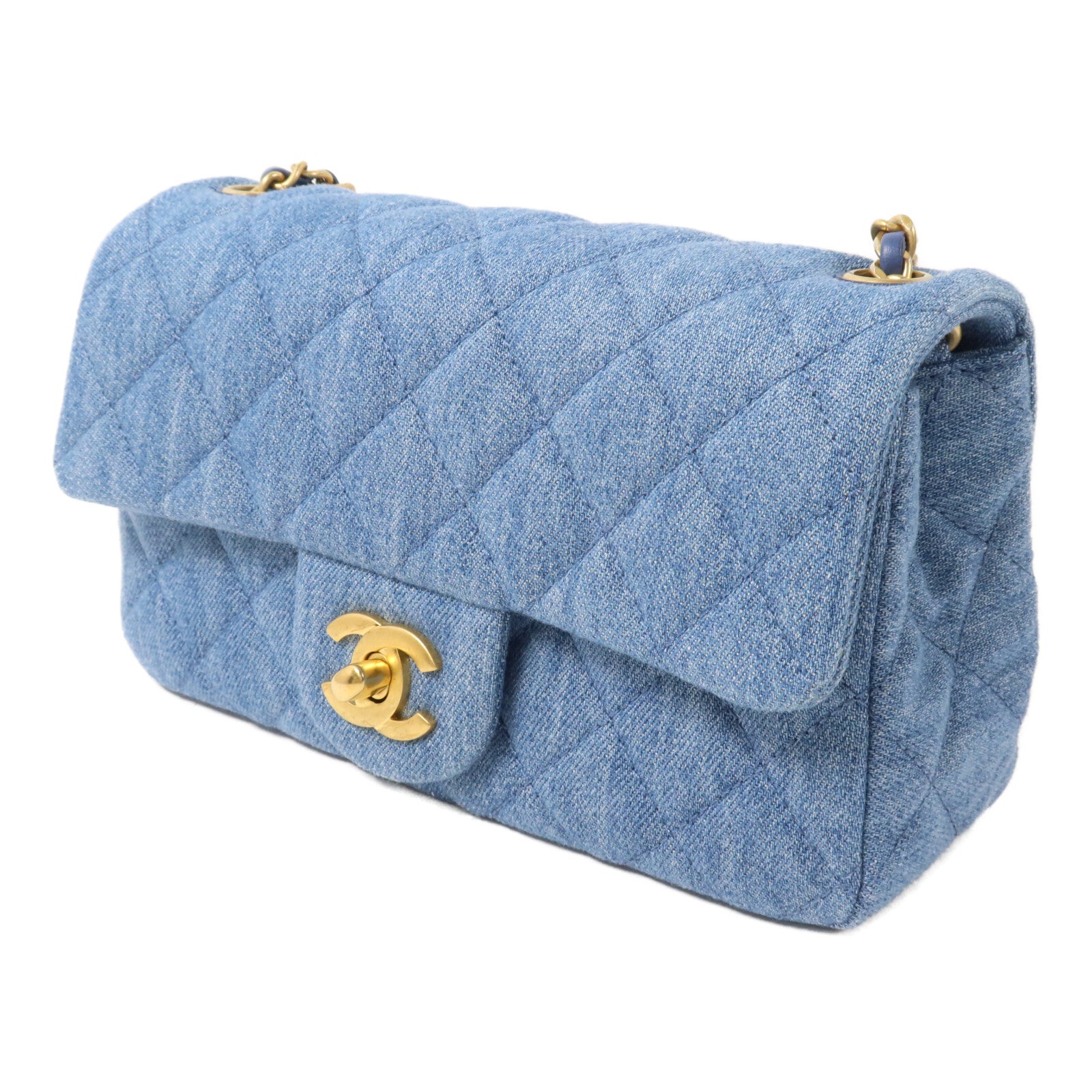 CHANEL 牛仔布Mini Classic 20 Gold Ball鏈帶肩背袋