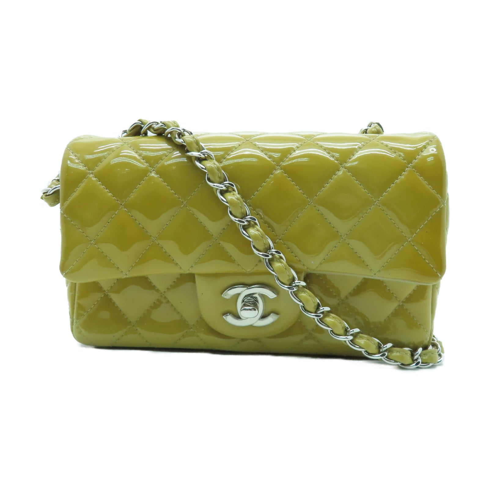 CHANEL 【清倉大減價】菱格漆皮皮革Classic 20cm銀扣鏈帶肩背袋黃色