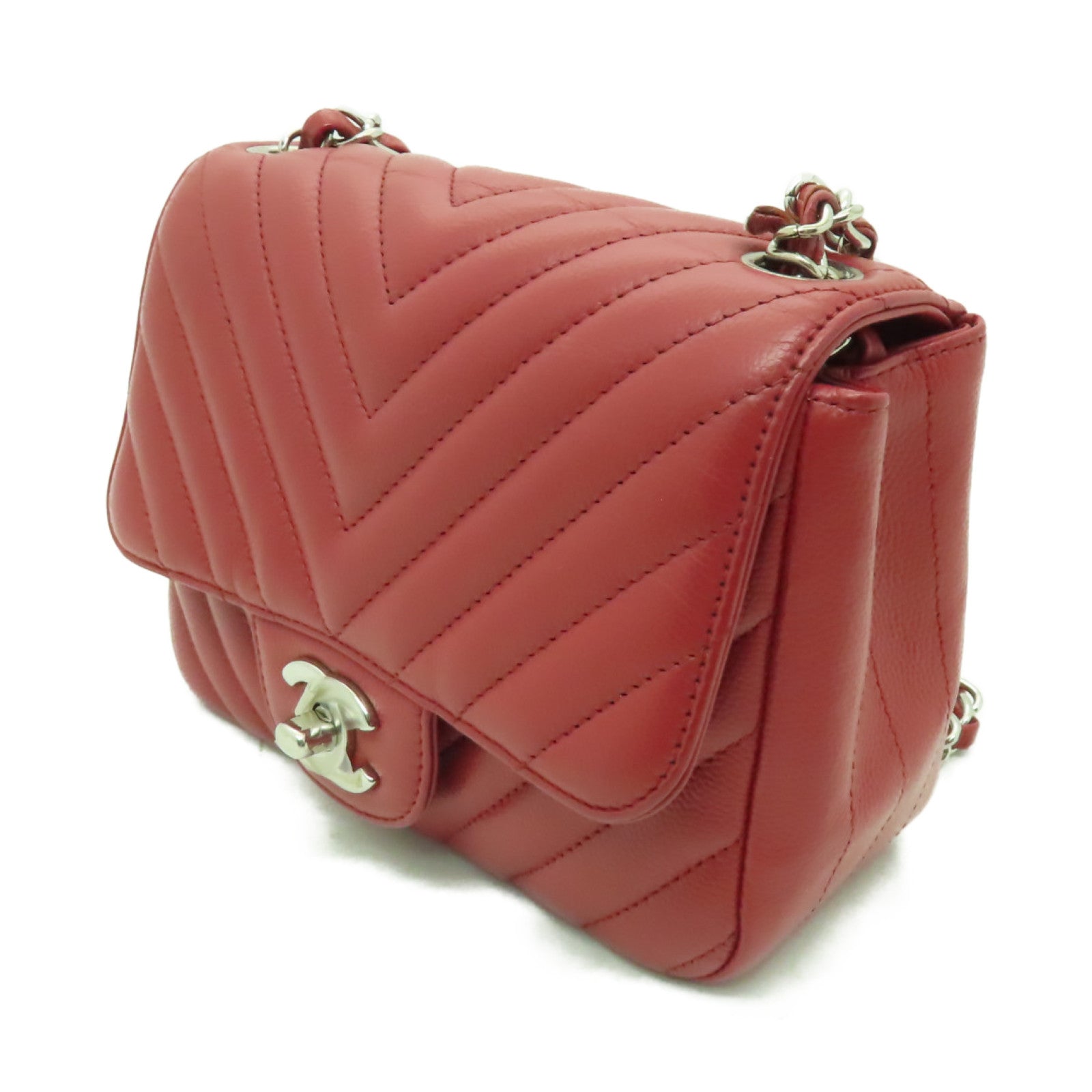 CHANEL 【激減優惠】斜紋Caviar皮革Classic Flap 17cm銀扣鏈帶肩背袋紅色