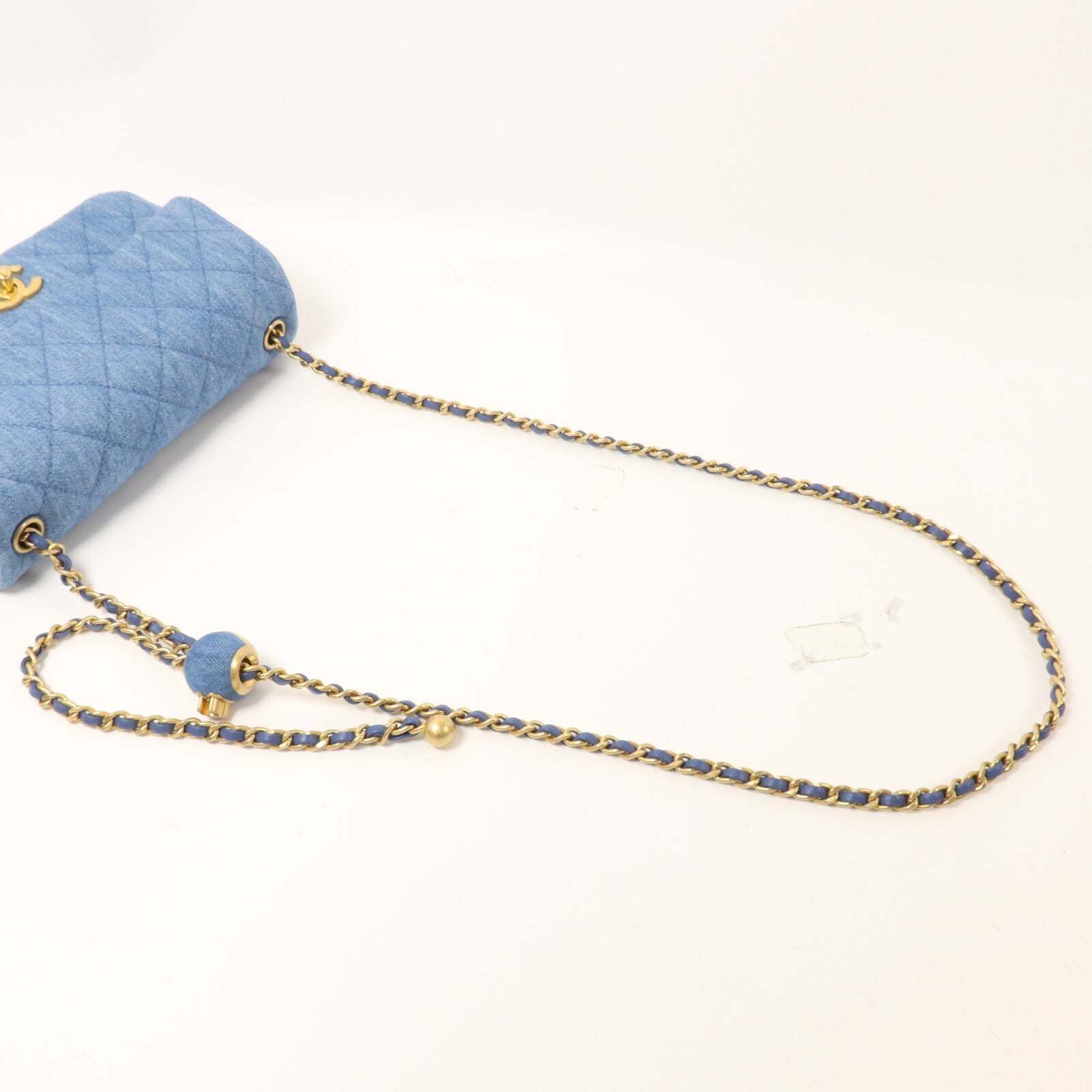 CHANEL 牛仔布Mini Classic 20 Gold Ball鏈帶肩背袋