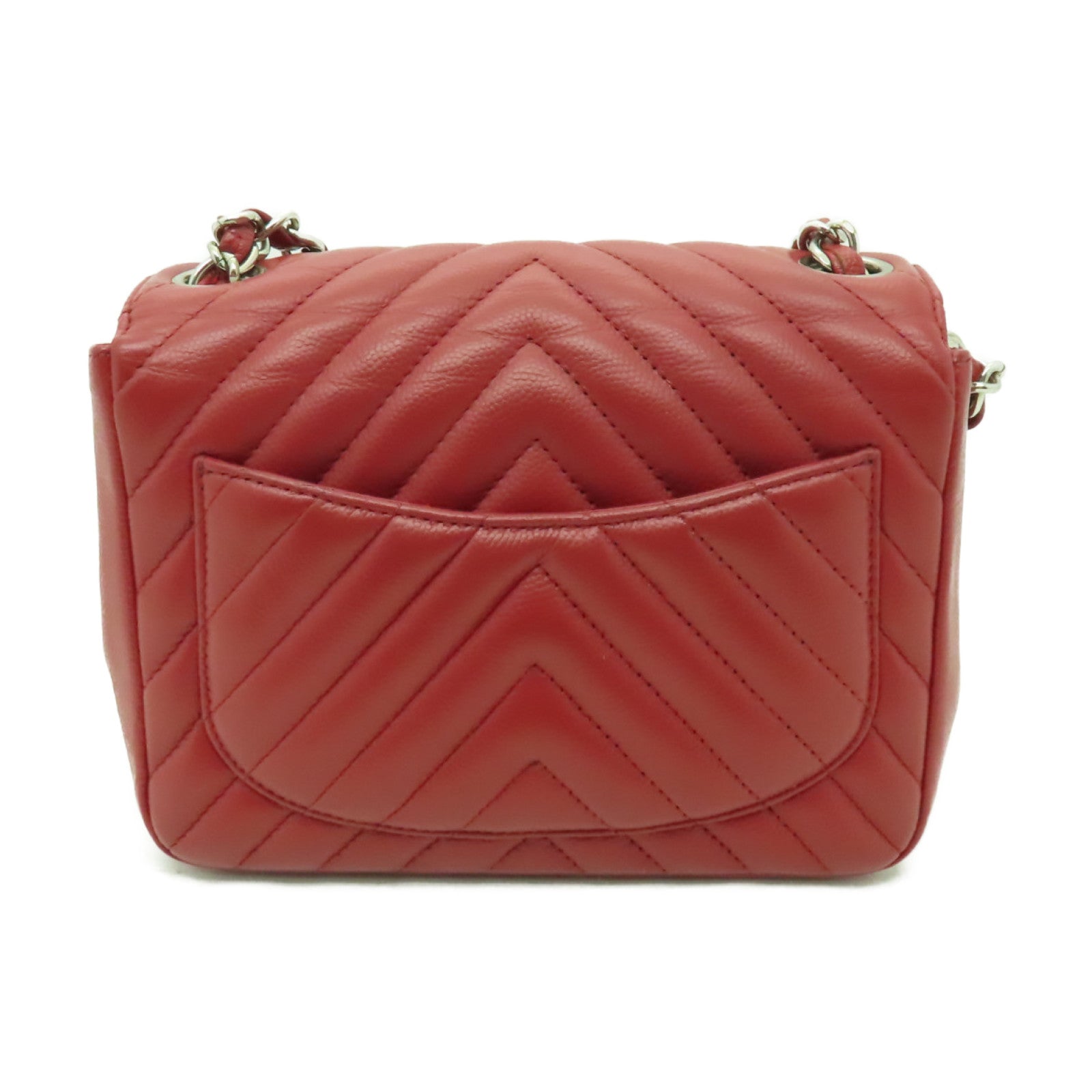 CHANEL 【激減優惠】斜紋Caviar皮革Classic Flap 17cm銀扣鏈帶肩背袋紅色