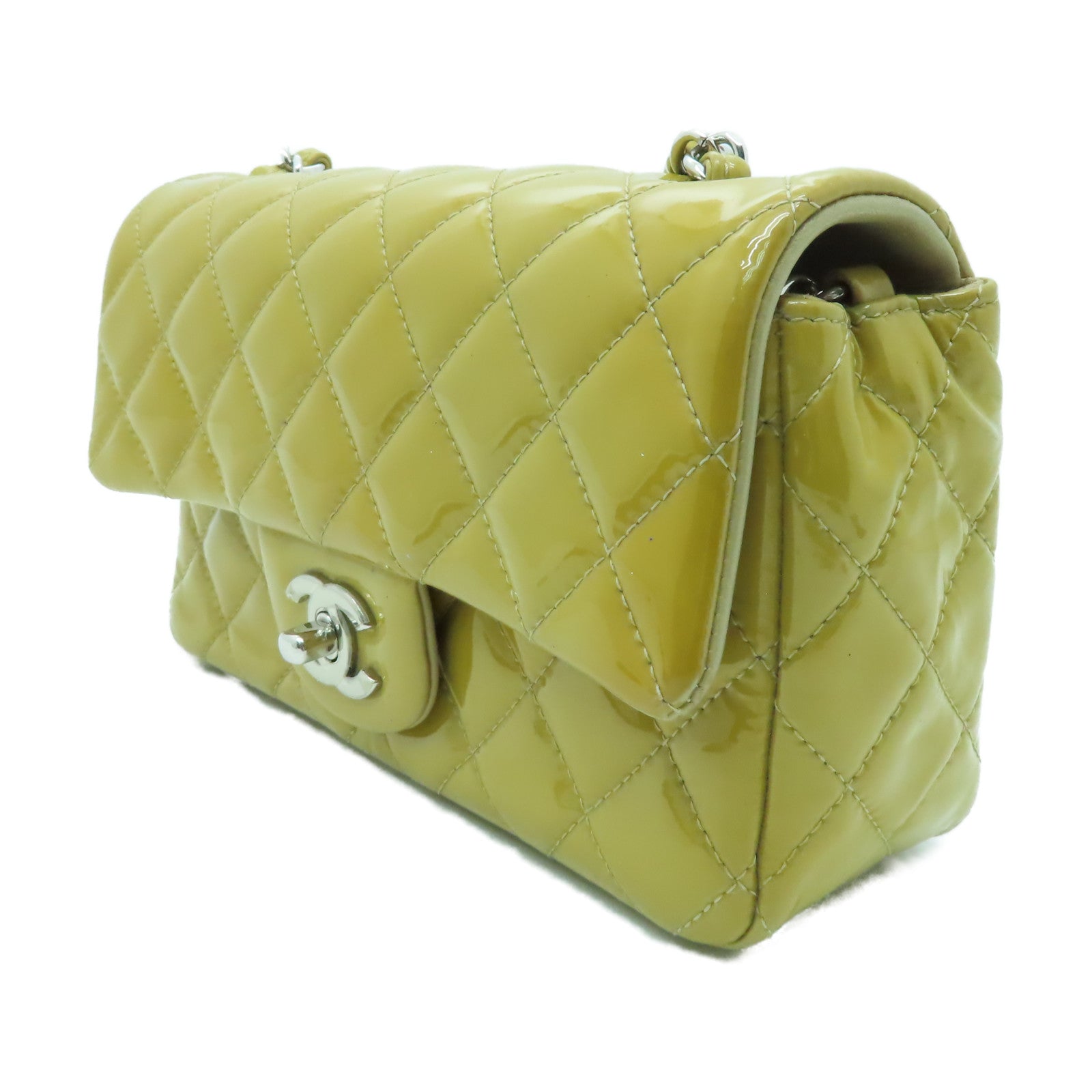 CHANEL 【清倉大減價】菱格漆皮皮革Classic 20cm銀扣鏈帶肩背袋黃色