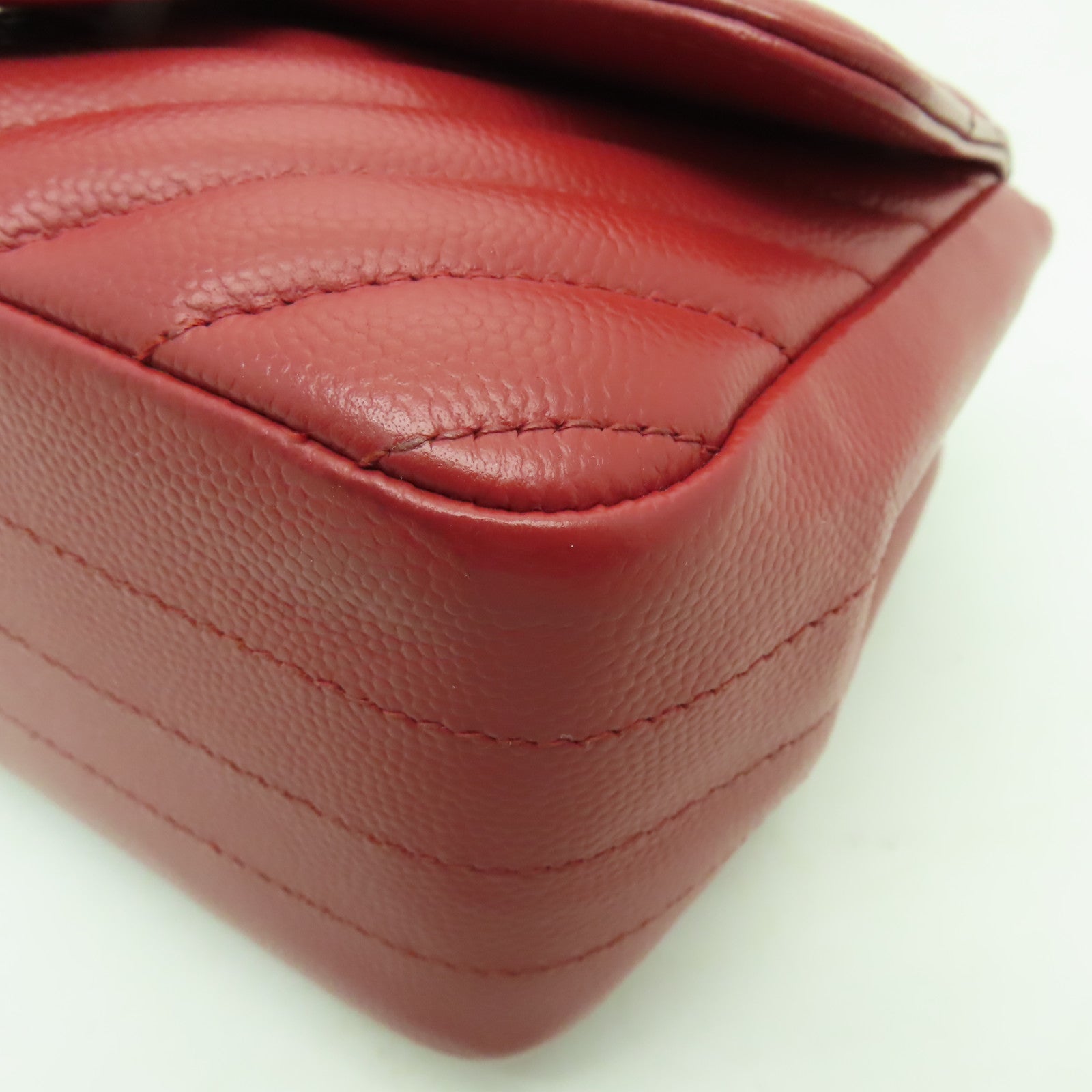 CHANEL 【激減優惠】斜紋Caviar皮革Classic Flap 17cm銀扣鏈帶肩背袋紅色