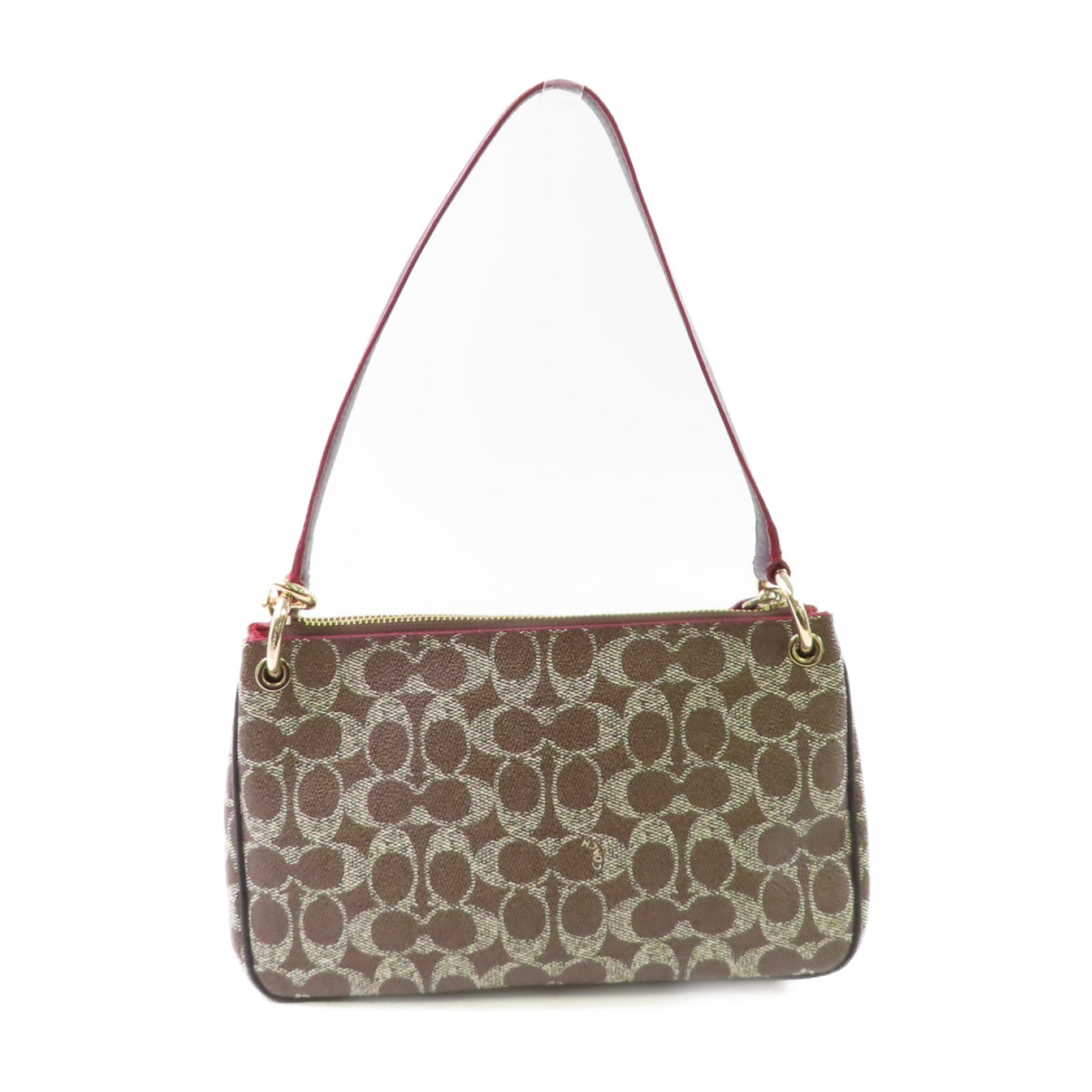 COACH 塗層帆布2Way Shoulder Bag銀扣手挽肩背兩用袋啡色/酒紅色