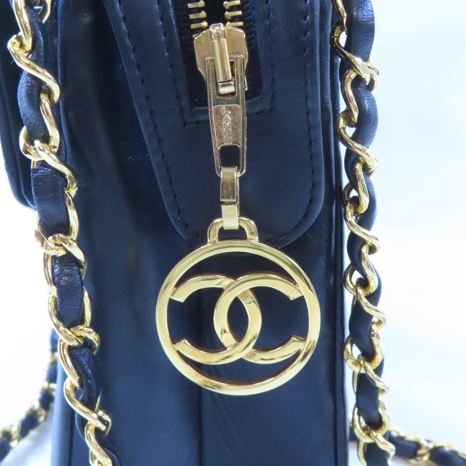 CHANEL 羊皮皮革Vintage Chain Shoulder金扣鏈帶肩背袋深藍色