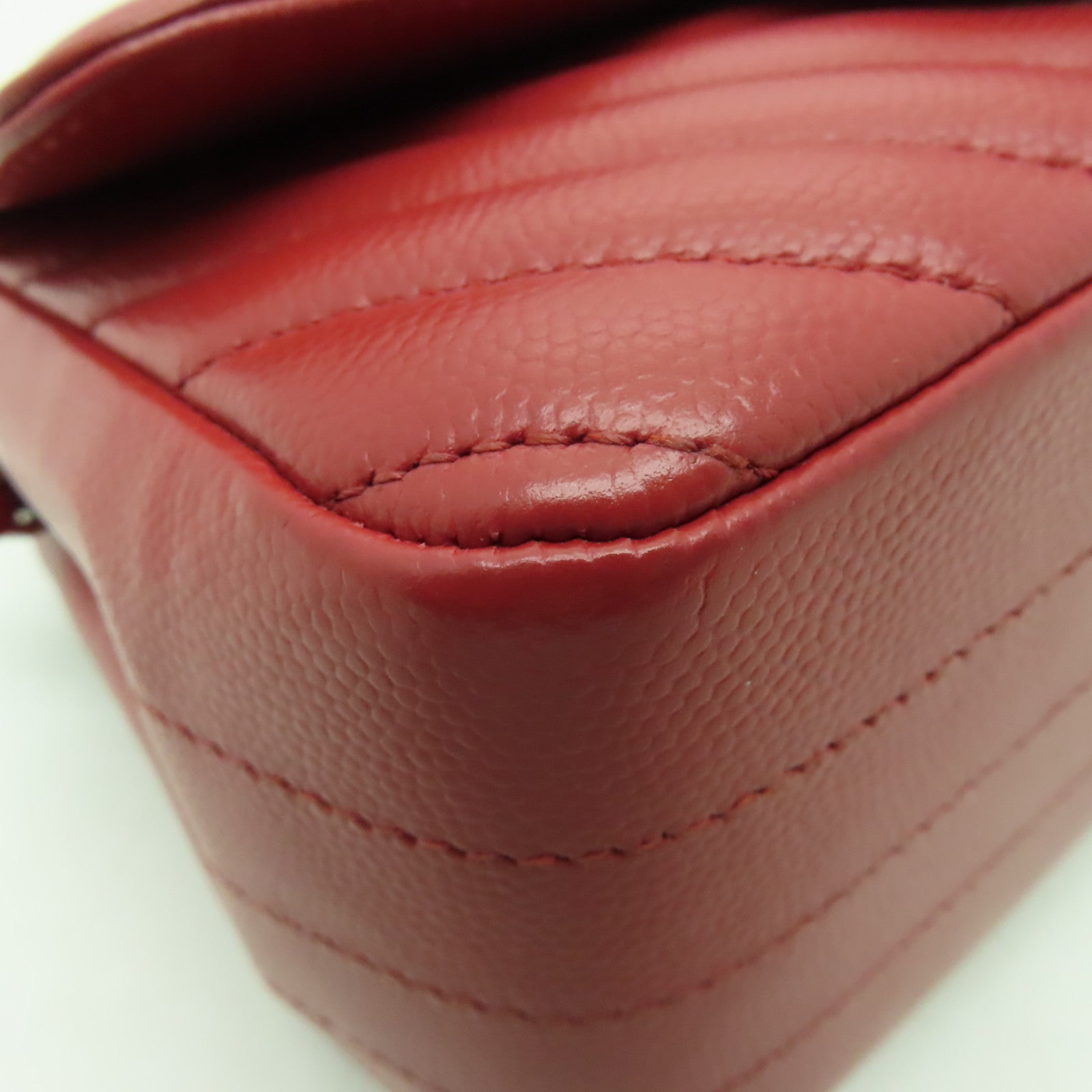 CHANEL 【激減優惠】斜紋Caviar皮革Classic Flap 17cm銀扣鏈帶肩背袋紅色