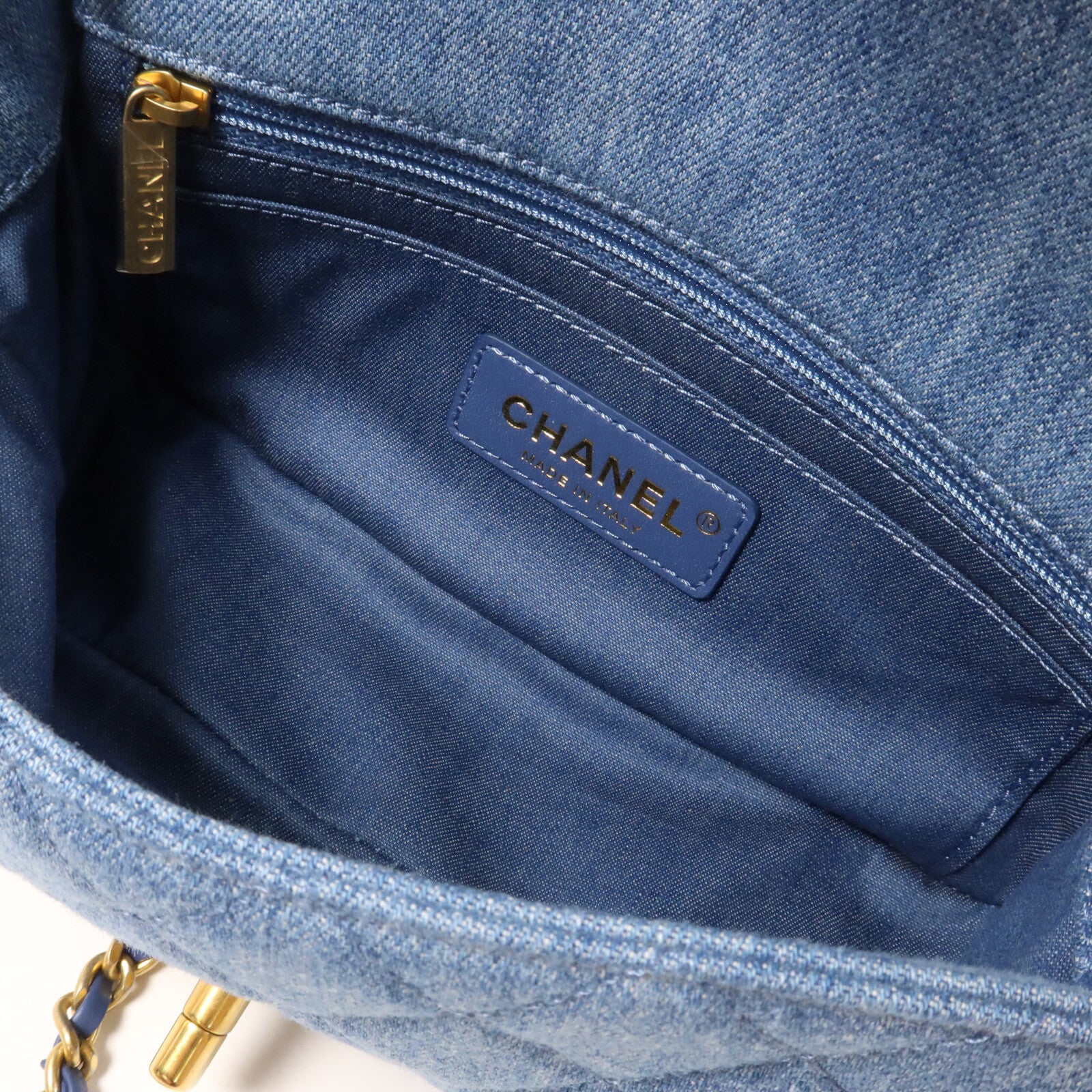 CHANEL 牛仔布Mini Classic 20 Gold Ball鏈帶肩背袋