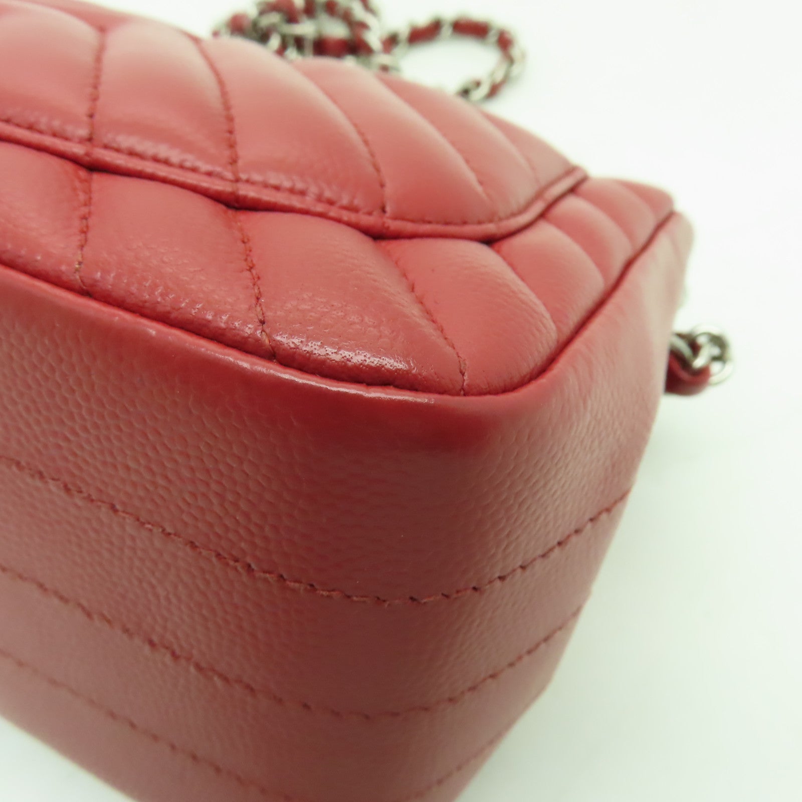 CHANEL 【激減優惠】斜紋Caviar皮革Classic Flap 17cm銀扣鏈帶肩背袋紅色