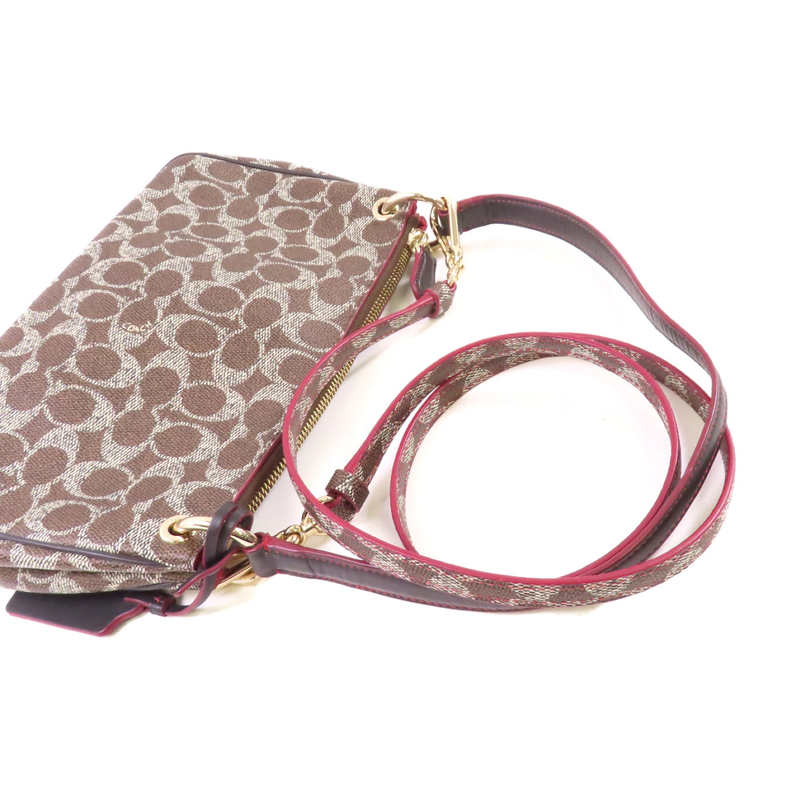 COACH 塗層帆布2Way Shoulder Bag銀扣手挽肩背兩用袋啡色/酒紅色