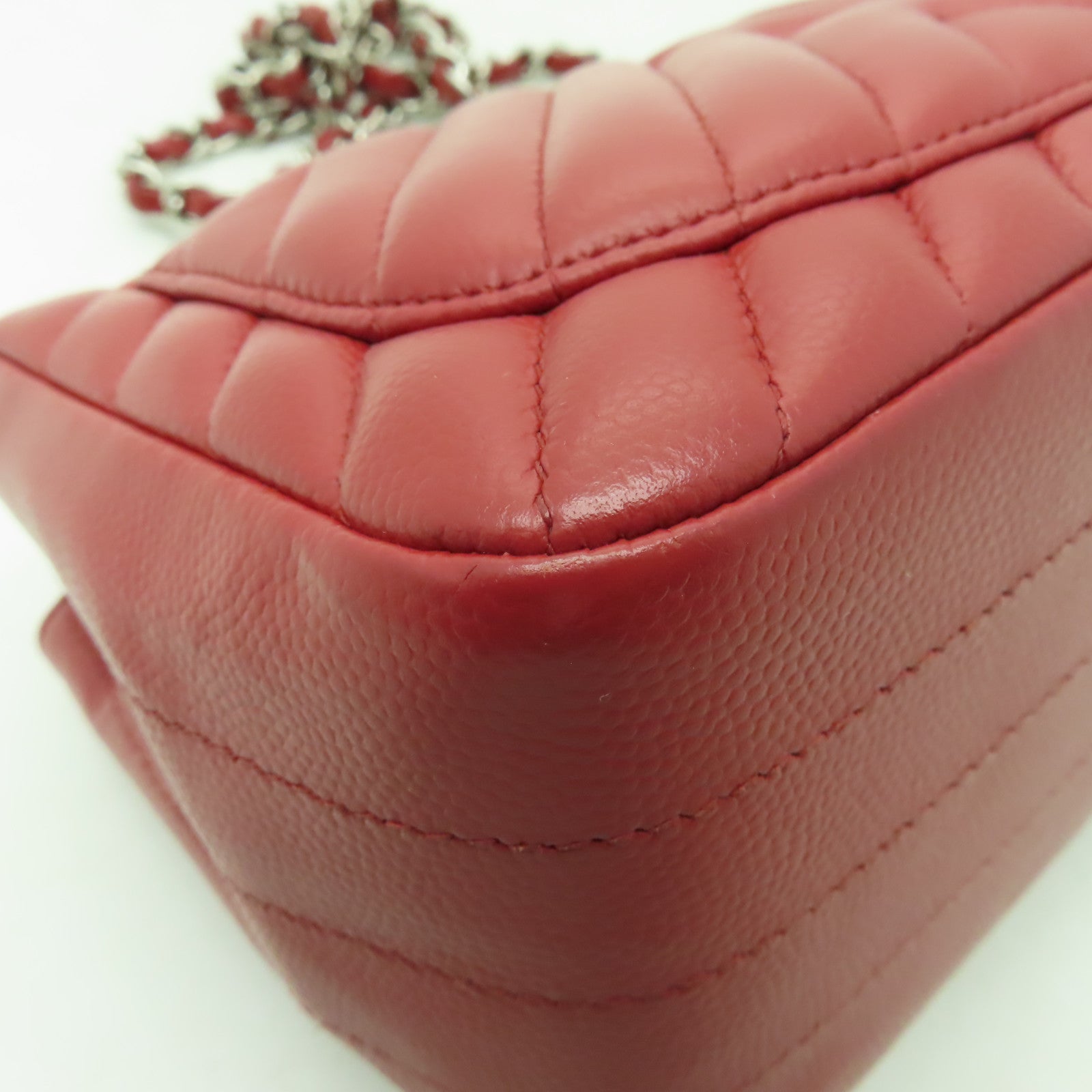 CHANEL 【激減優惠】斜紋Caviar皮革Classic Flap 17cm銀扣鏈帶肩背袋紅色