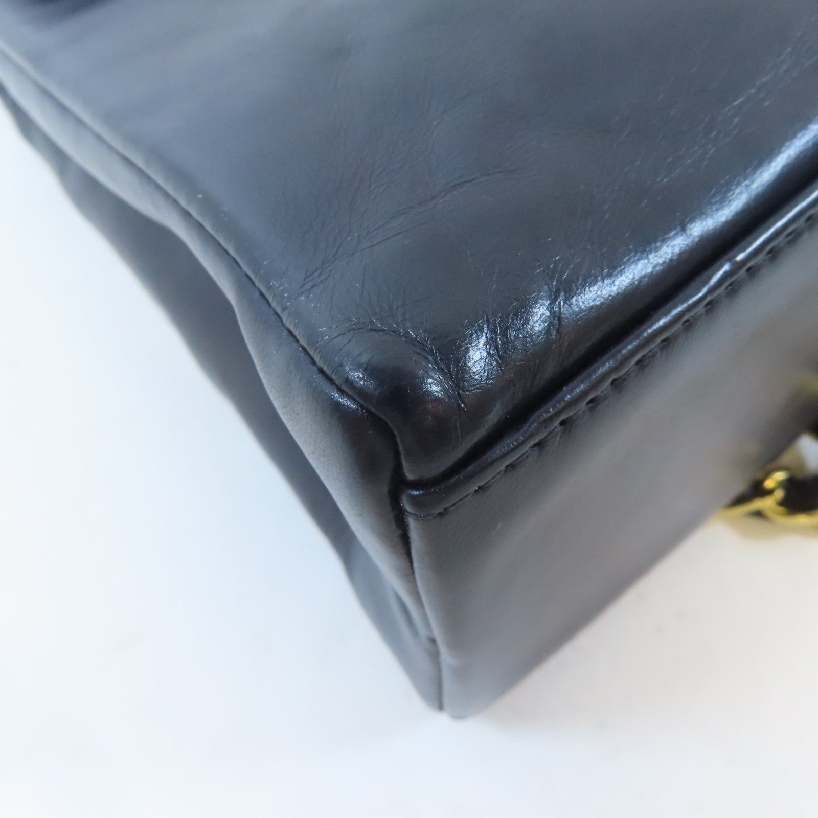CHANEL 羊皮皮革Vintage Chain Shoulder金扣鏈帶肩背袋深藍色