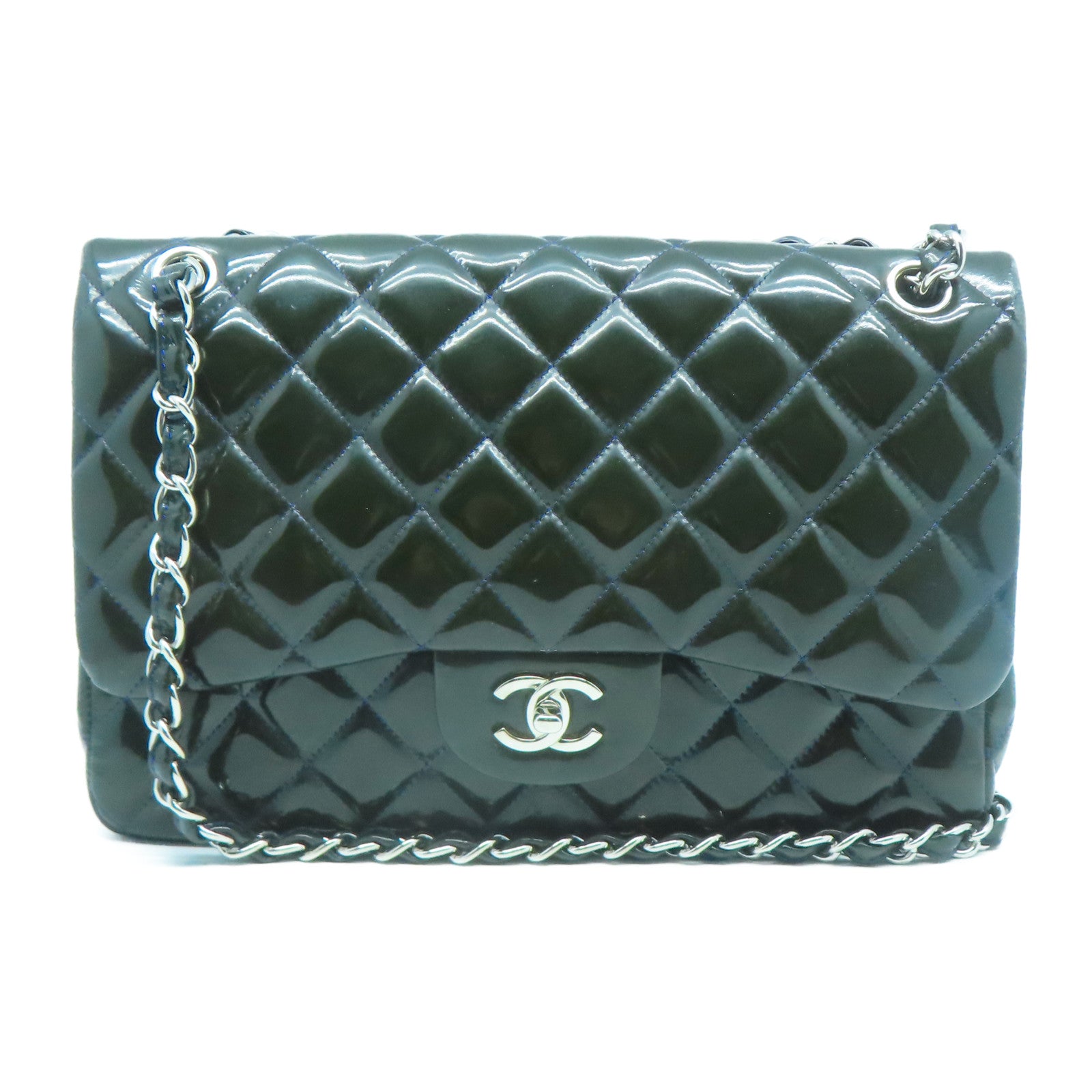 CHANEL 【清倉大減價】菱格漆皮皮革Chain Shoulder銀扣鏈帶肩背袋綠色