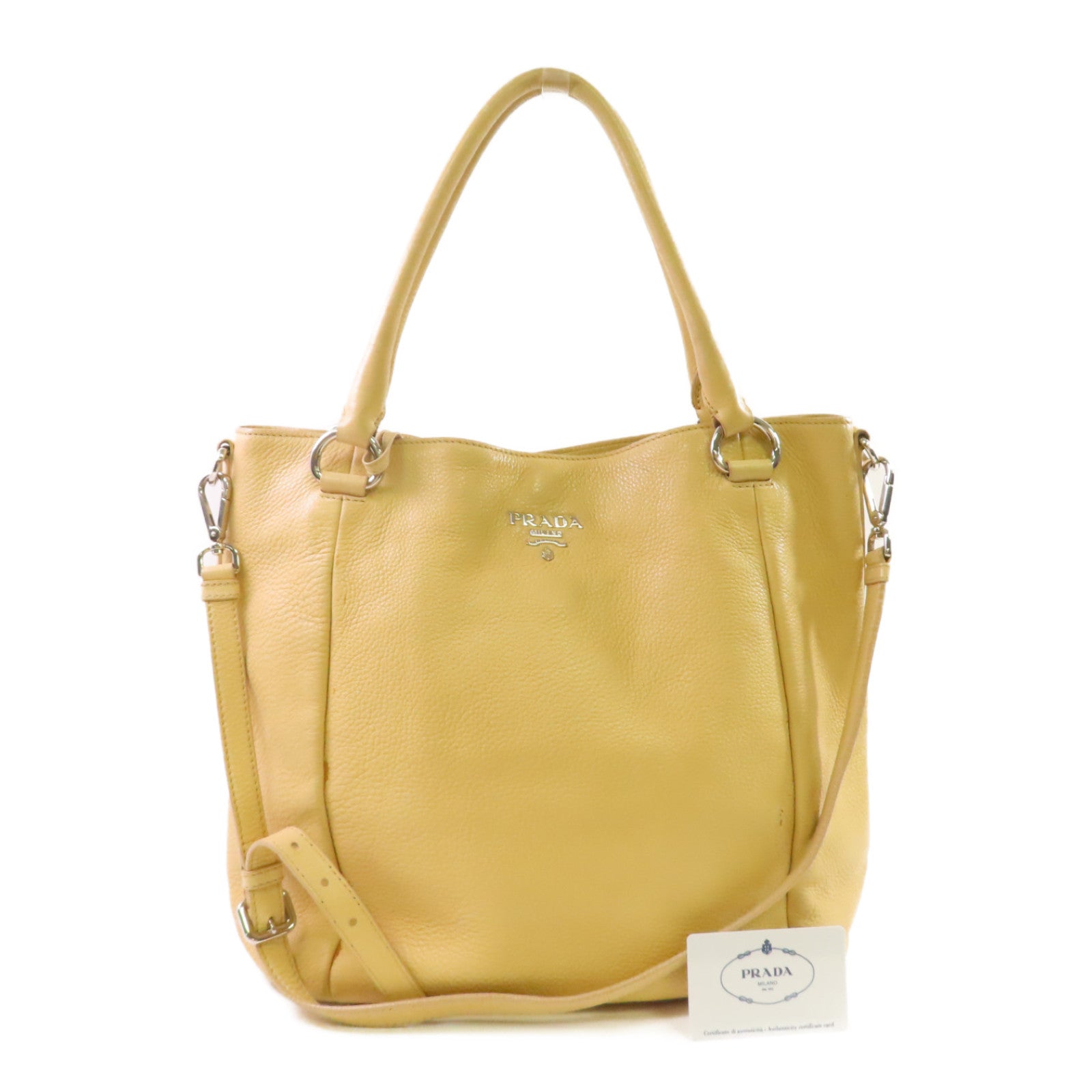 PRADA 牛皮皮革2Way Shoulder Bag銀扣手挽肩背兩用袋杏色