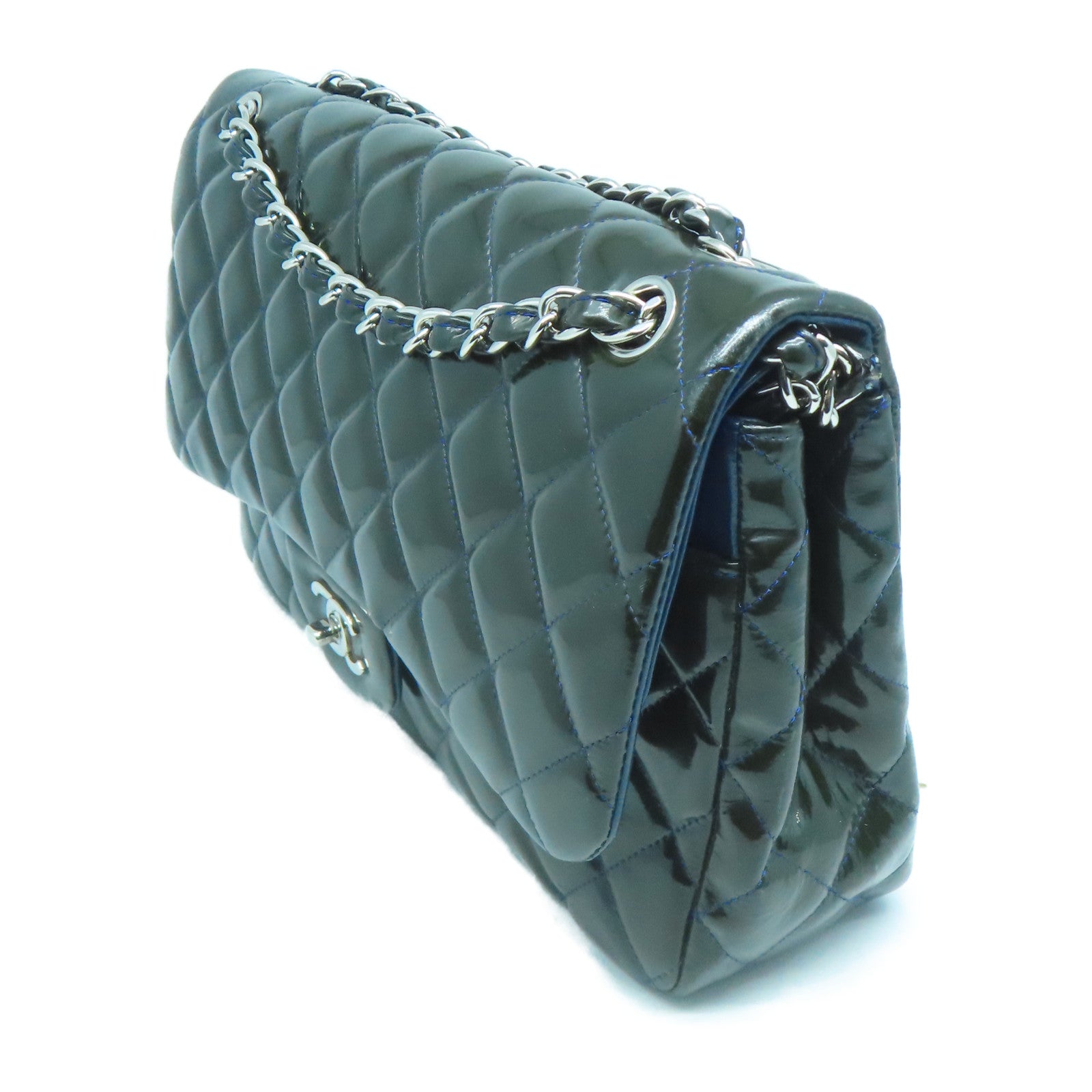 CHANEL 【清倉大減價】菱格漆皮皮革Chain Shoulder銀扣鏈帶肩背袋綠色