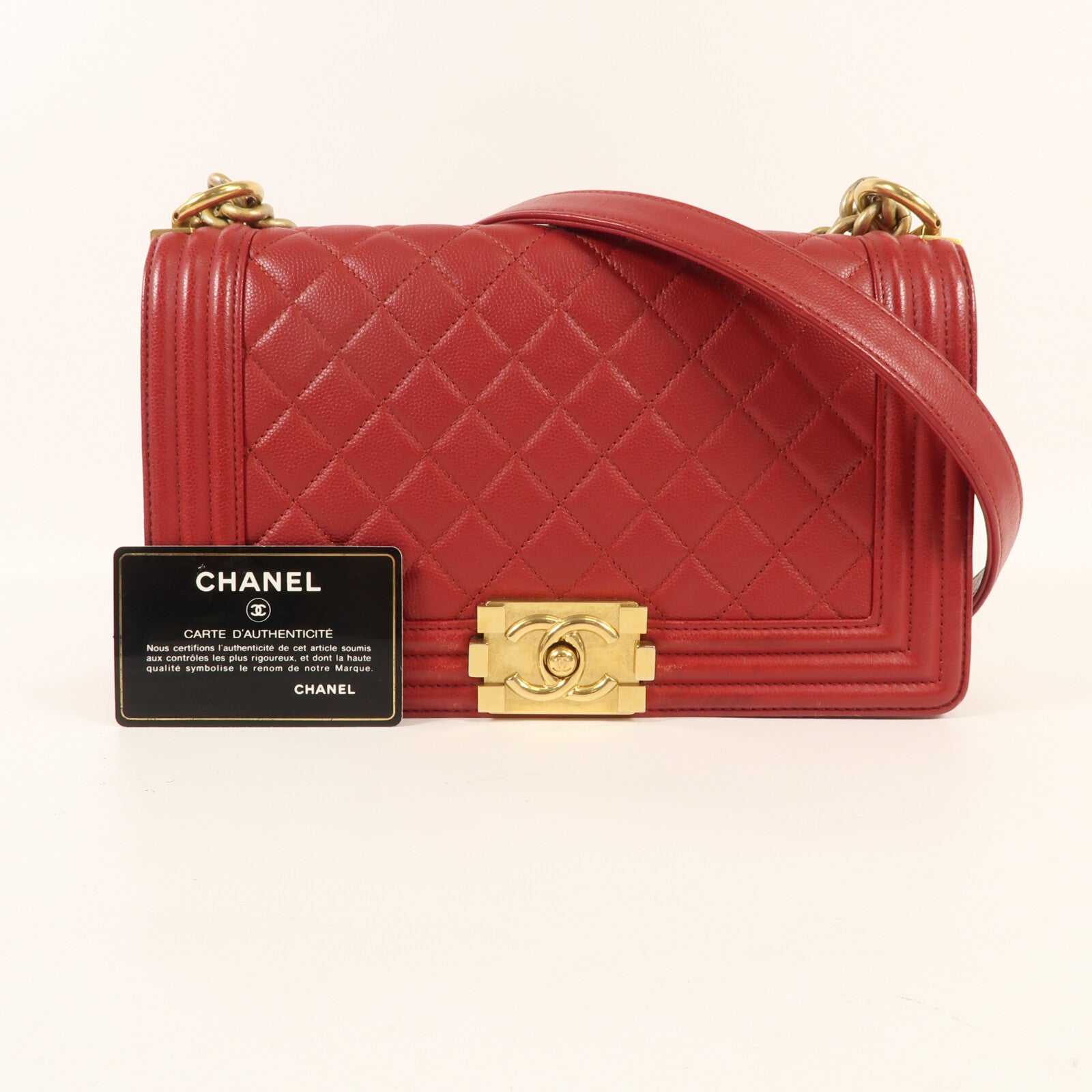 CHANEL 牛皮皮革Boy 25金扣鏈帶肩背袋