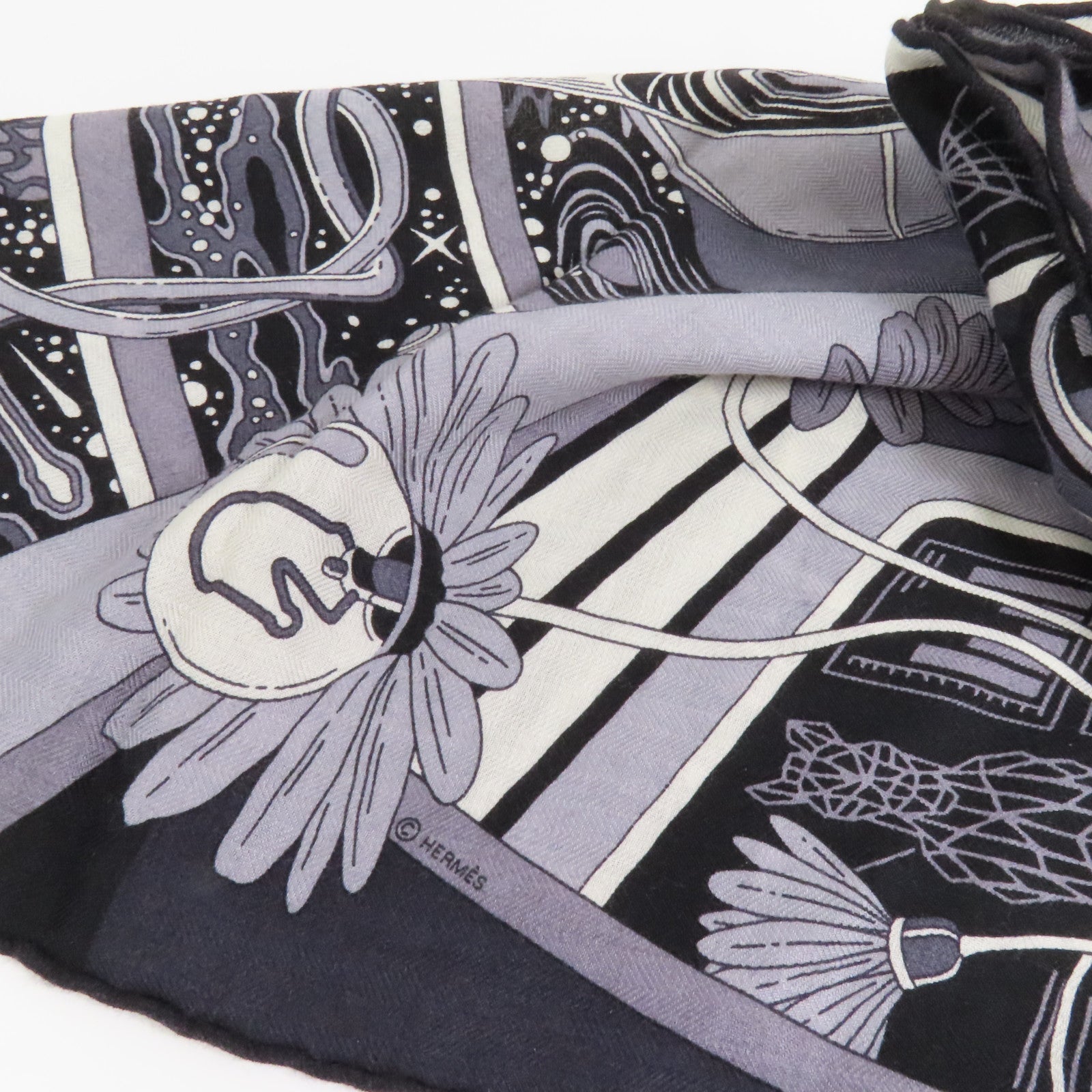 HERMES Scarf 90x90 Black/Gray/ Cashmere/Silk