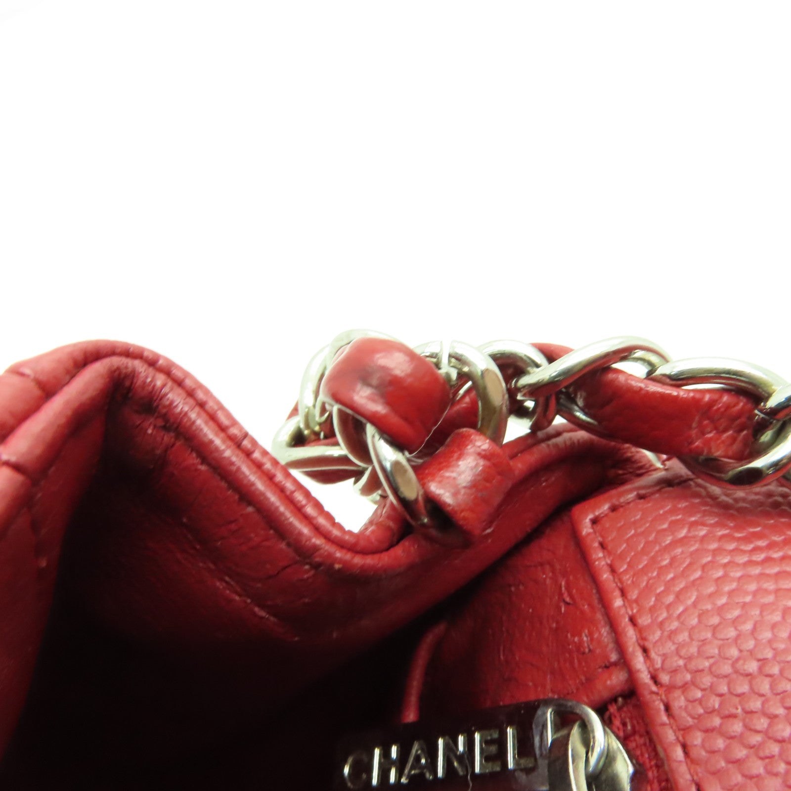 CHANEL 【激減優惠】斜紋Caviar皮革Classic Flap 17cm銀扣鏈帶肩背袋紅色