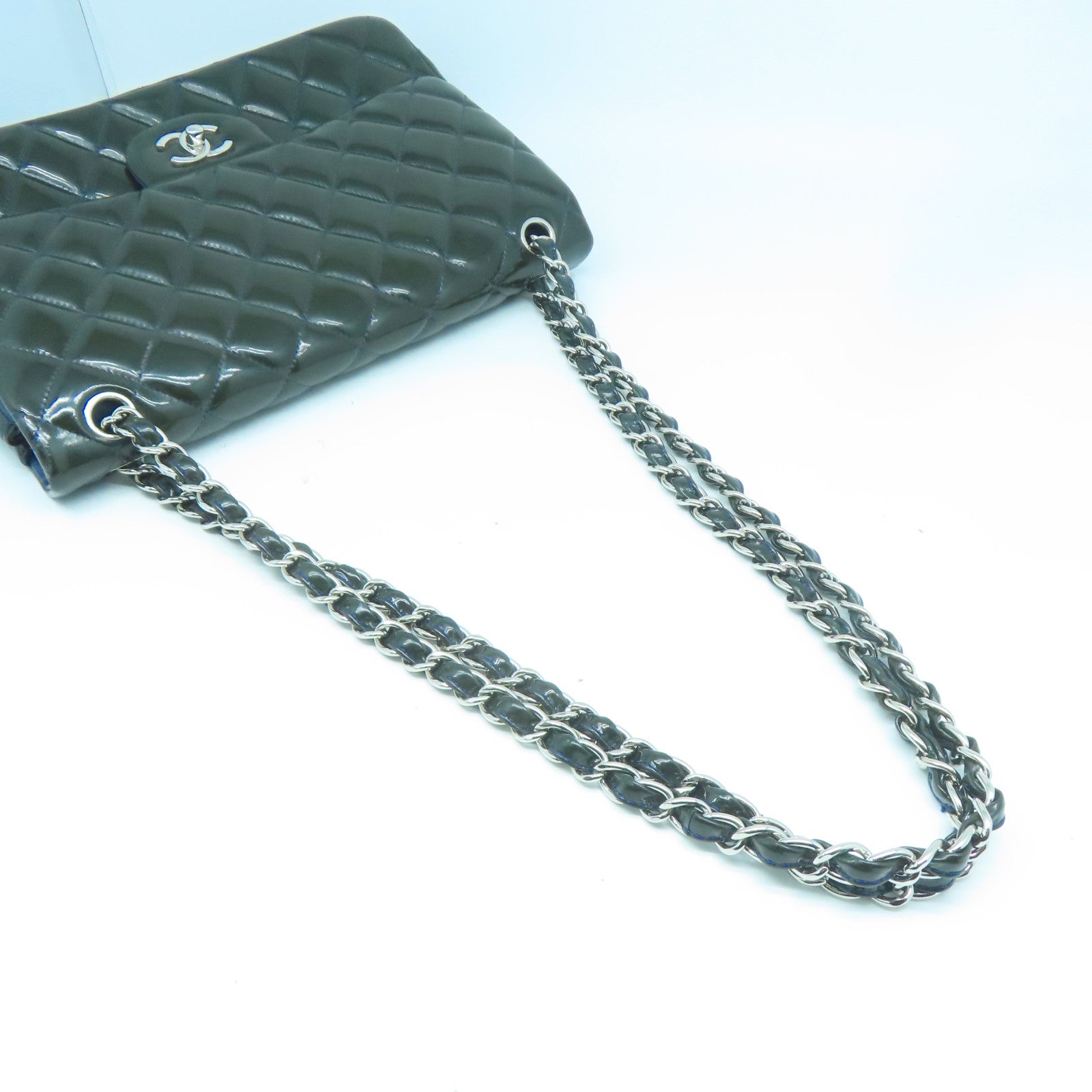 CHANEL 【清倉大減價】菱格漆皮皮革Chain Shoulder銀扣鏈帶肩背袋綠色