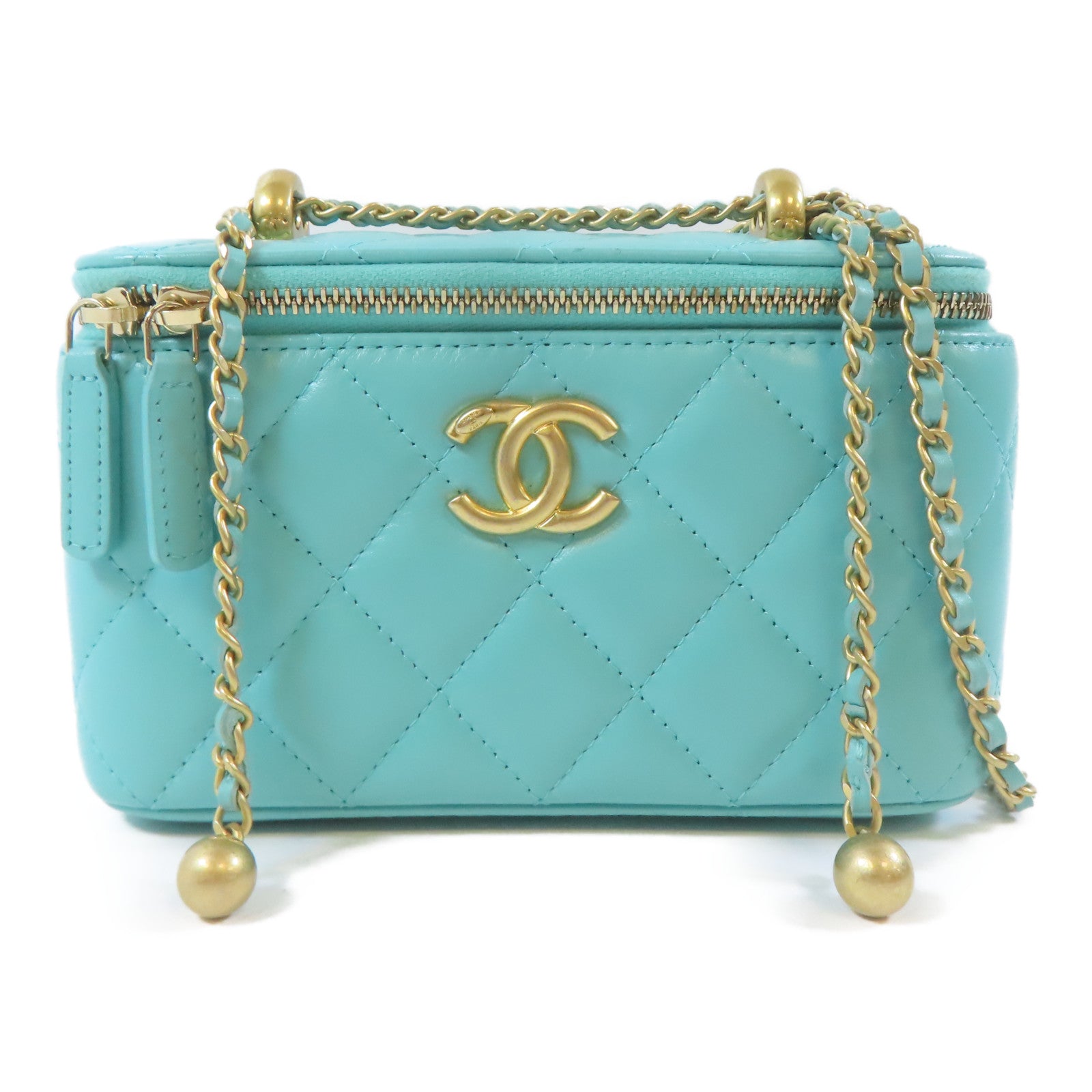 CHANEL 菱格羊皮皮革Vanity Case金扣鏈帶肩背袋綠松石色