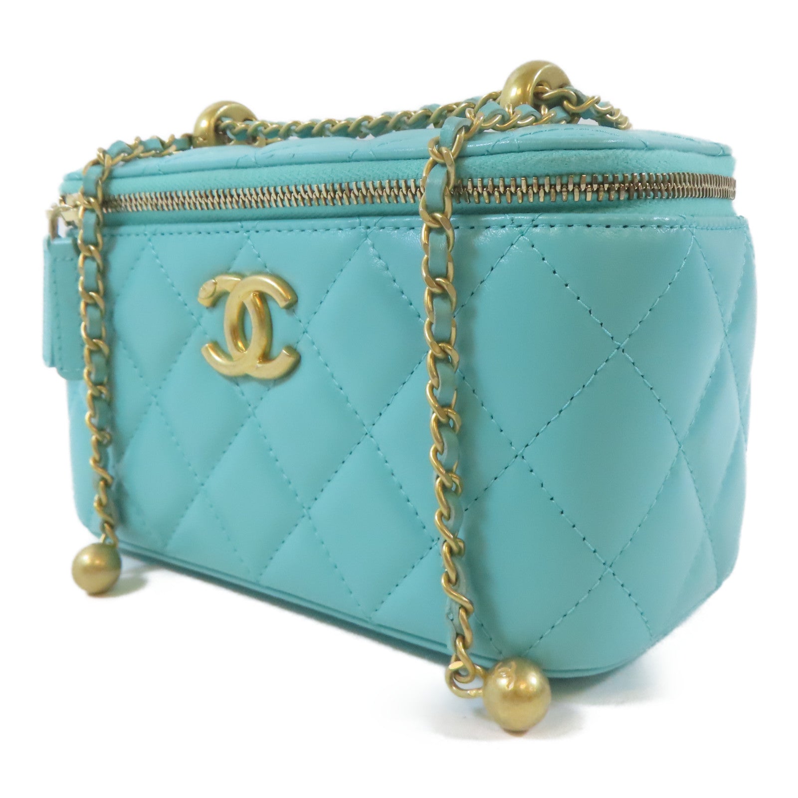 CHANEL 菱格羊皮皮革Vanity Case金扣鏈帶肩背袋綠松石色