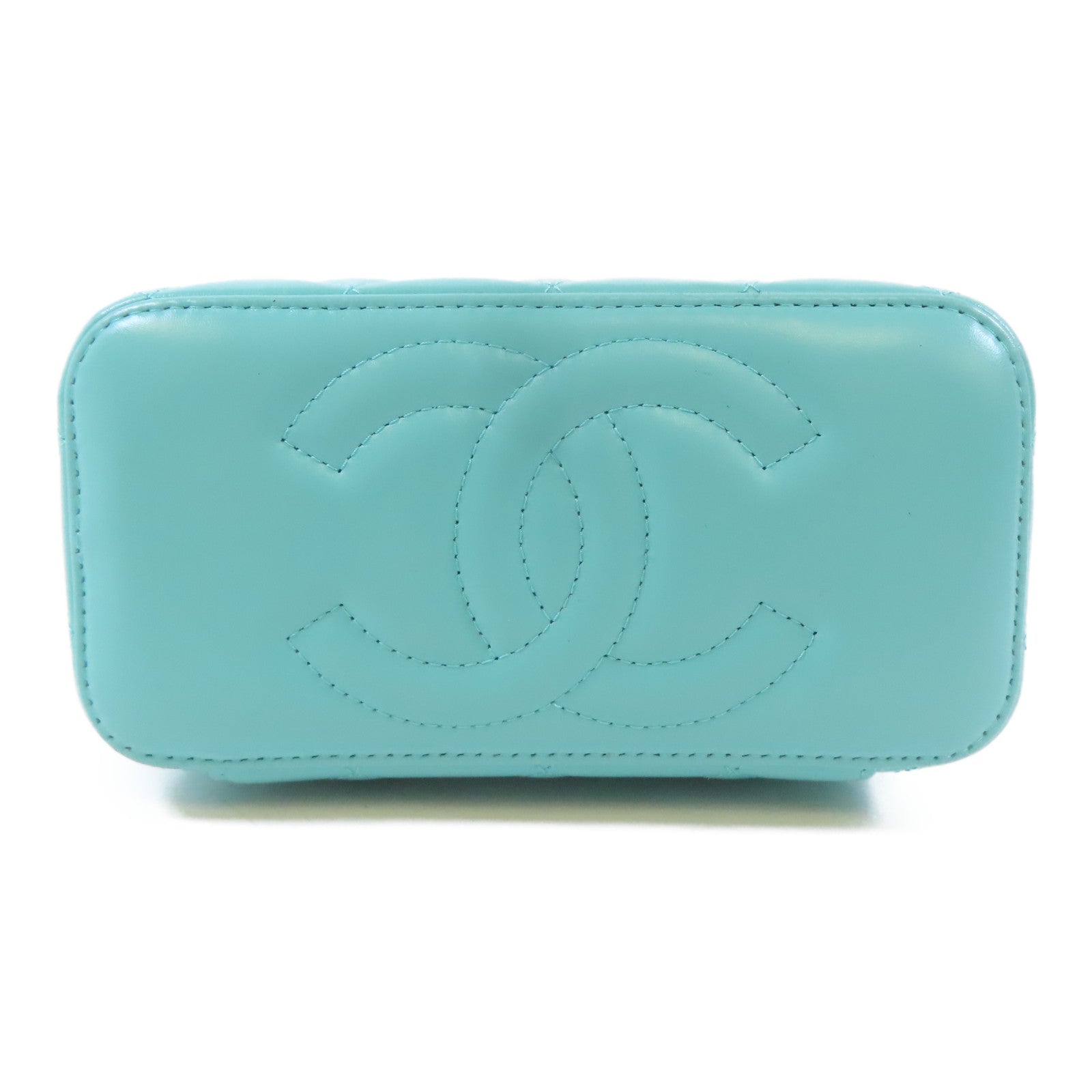CHANEL 菱格羊皮皮革Vanity Case金扣鏈帶肩背袋綠松石色