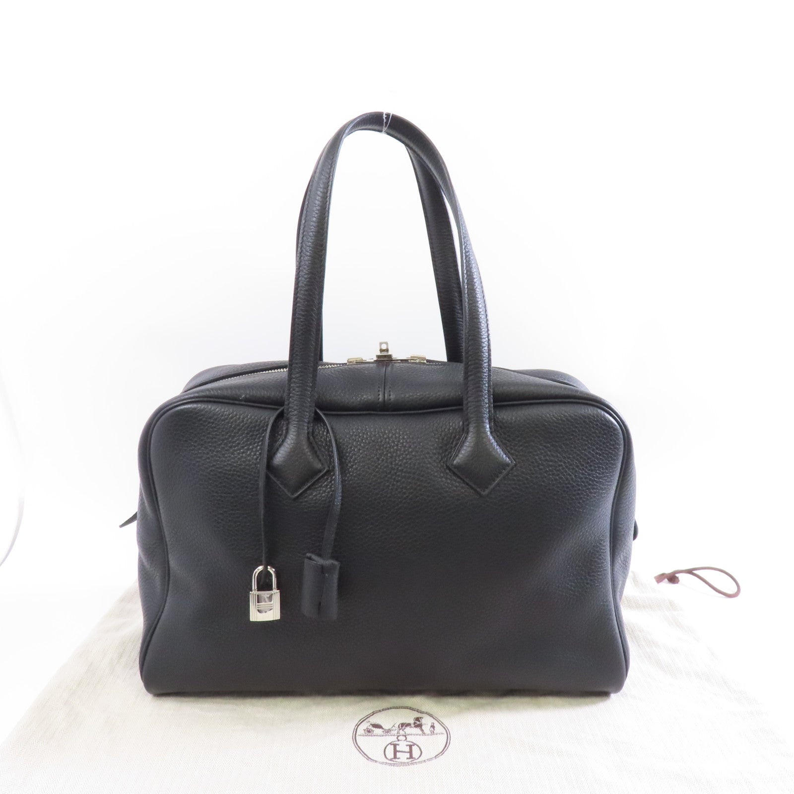 HERMES Clemence皮革Victoria 35銀扣手挽袋Noir/黑色