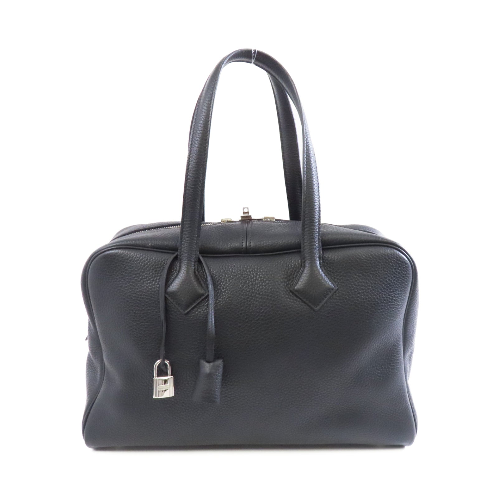 HERMES Clemence皮革Victoria 35銀扣手挽袋Noir/黑色