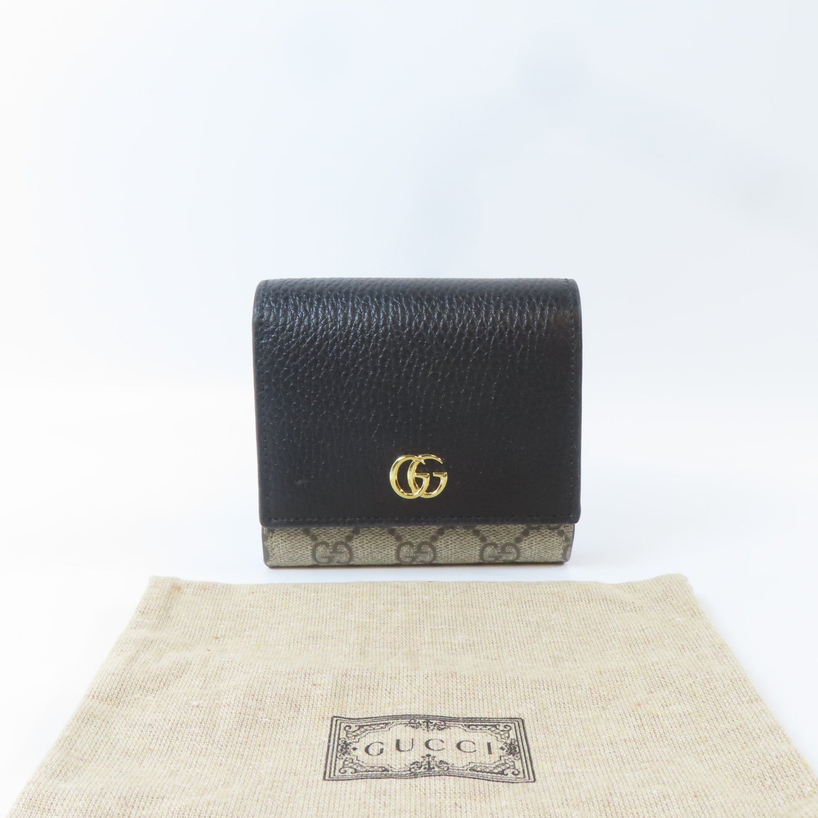 GUCCI 塗層帆布GG Marmont Medium Wallet金扣錢包黑色/啡色